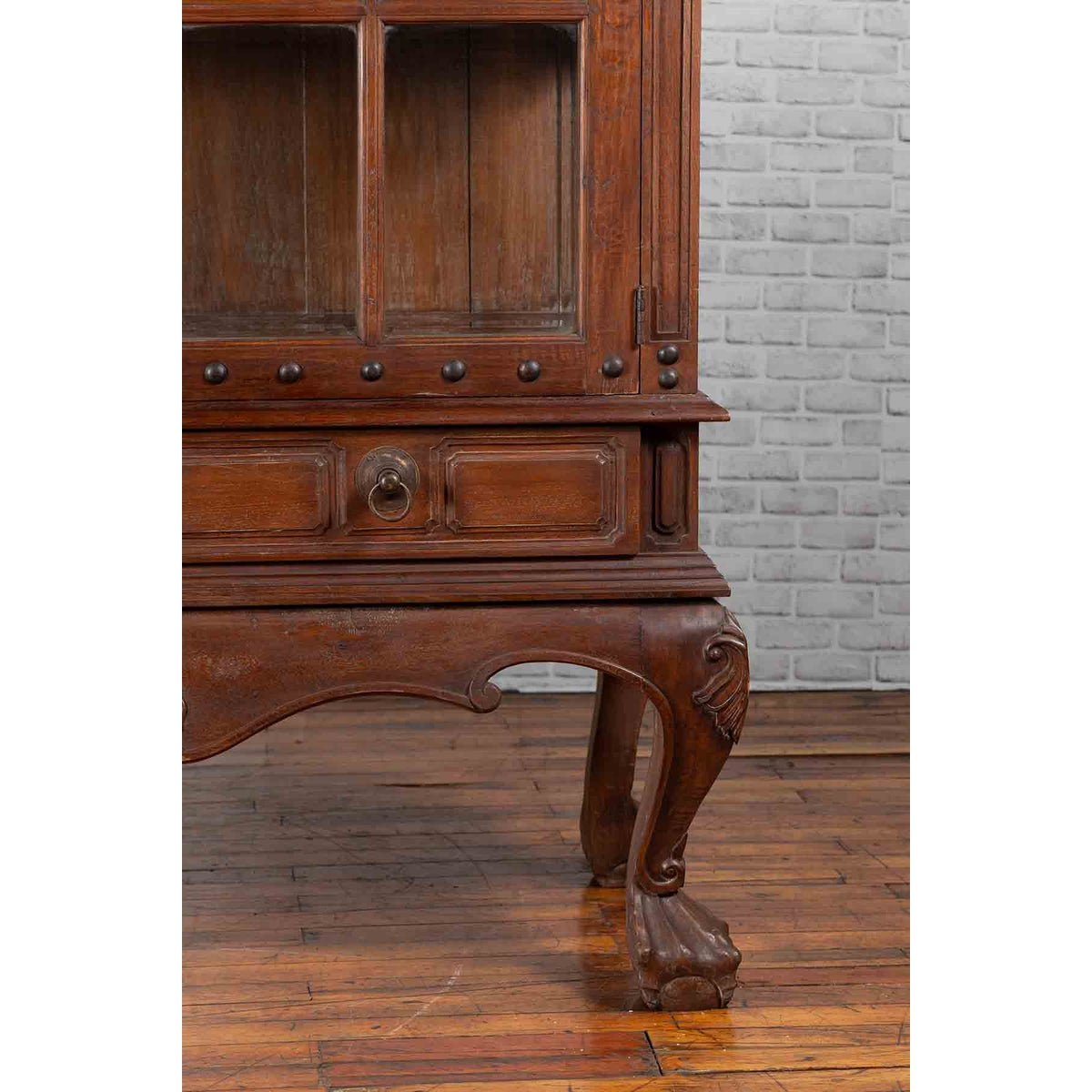 Large Javanese Cabinet with Paneled Glass Doors, Bonnet Top and Cabriole Legs-9. Asian & Chinese Furniture, Art, Antiques, Vintage Home Décor for sale at FEA Home