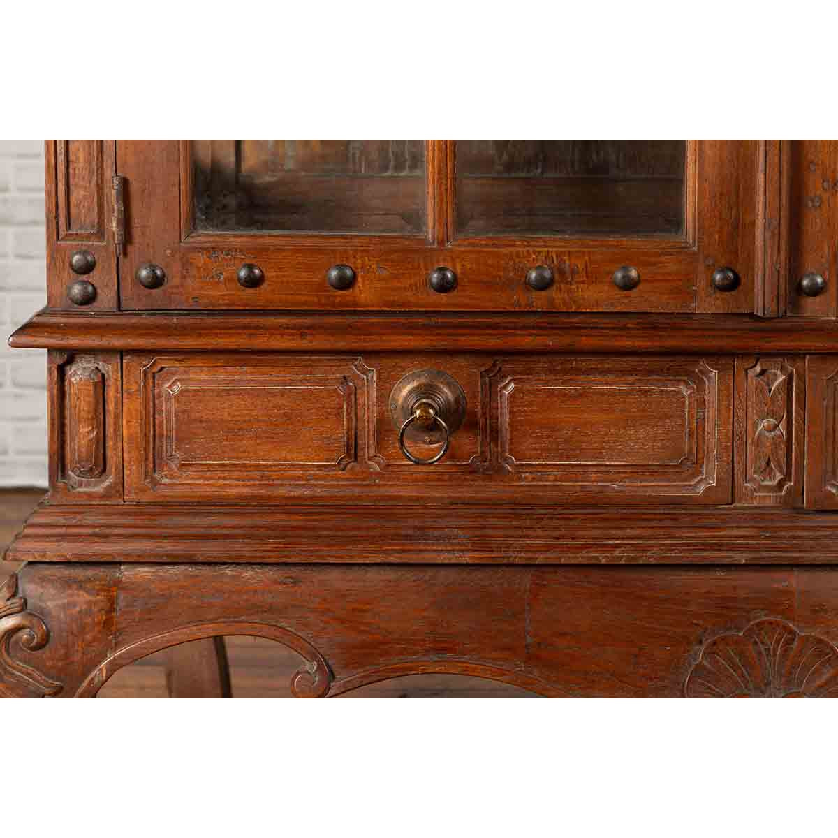 Large Javanese Cabinet with Paneled Glass Doors, Bonnet Top and Cabriole Legs-10. Asian & Chinese Furniture, Art, Antiques, Vintage Home Décor for sale at FEA Home