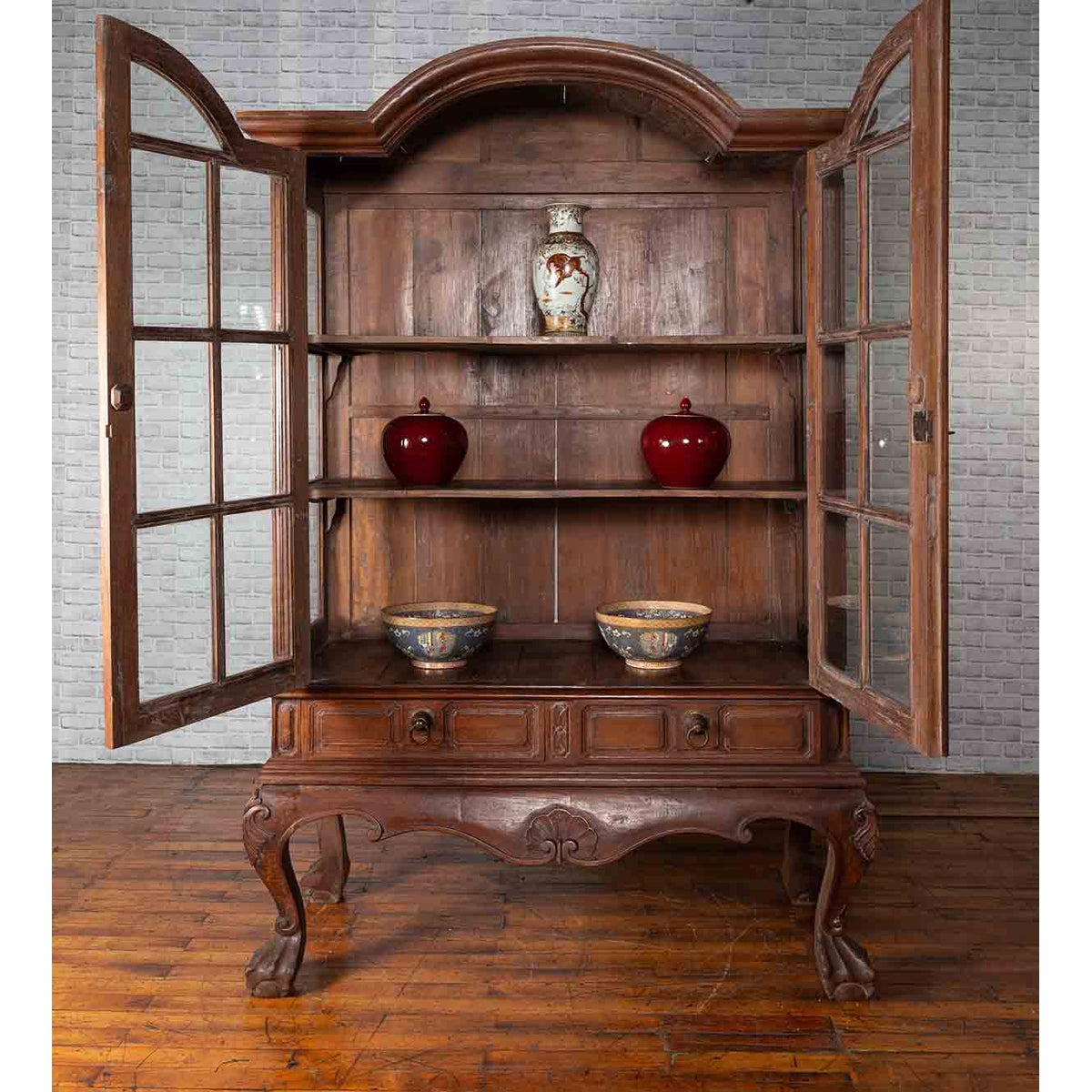 Large Javanese Cabinet with Paneled Glass Doors, Bonnet Top and Cabriole Legs-4. Asian & Chinese Furniture, Art, Antiques, Vintage Home Décor for sale at FEA Home
