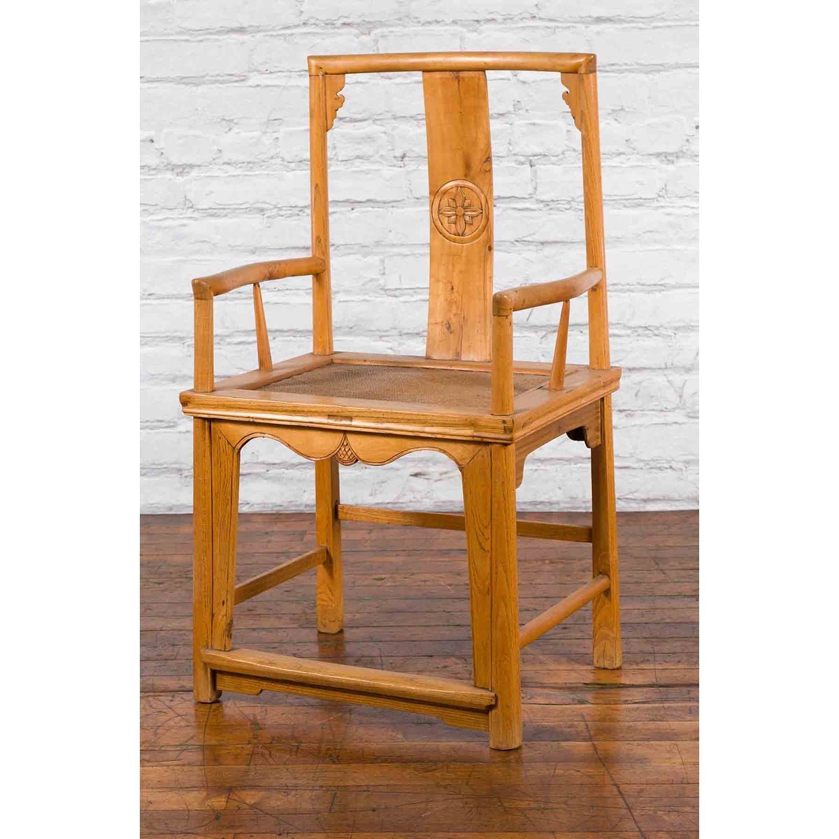 Chinese Early 20th Century Armchair with Hand-Carved Medallion and Rattan Seat-3. Asian & Chinese Furniture, Art, Antiques, Vintage Home Décor for sale at FEA Home