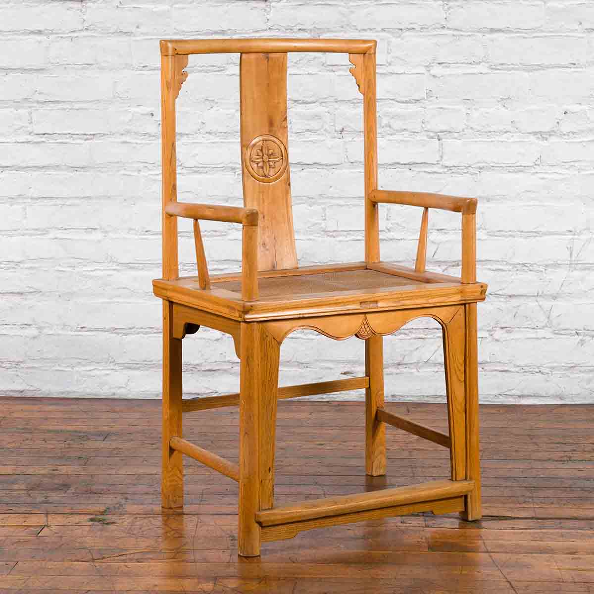 Chinese Early 20th Century Armchair with Hand-Carved Medallion and Rattan Seat-2. Asian & Chinese Furniture, Art, Antiques, Vintage Home Décor for sale at FEA Home