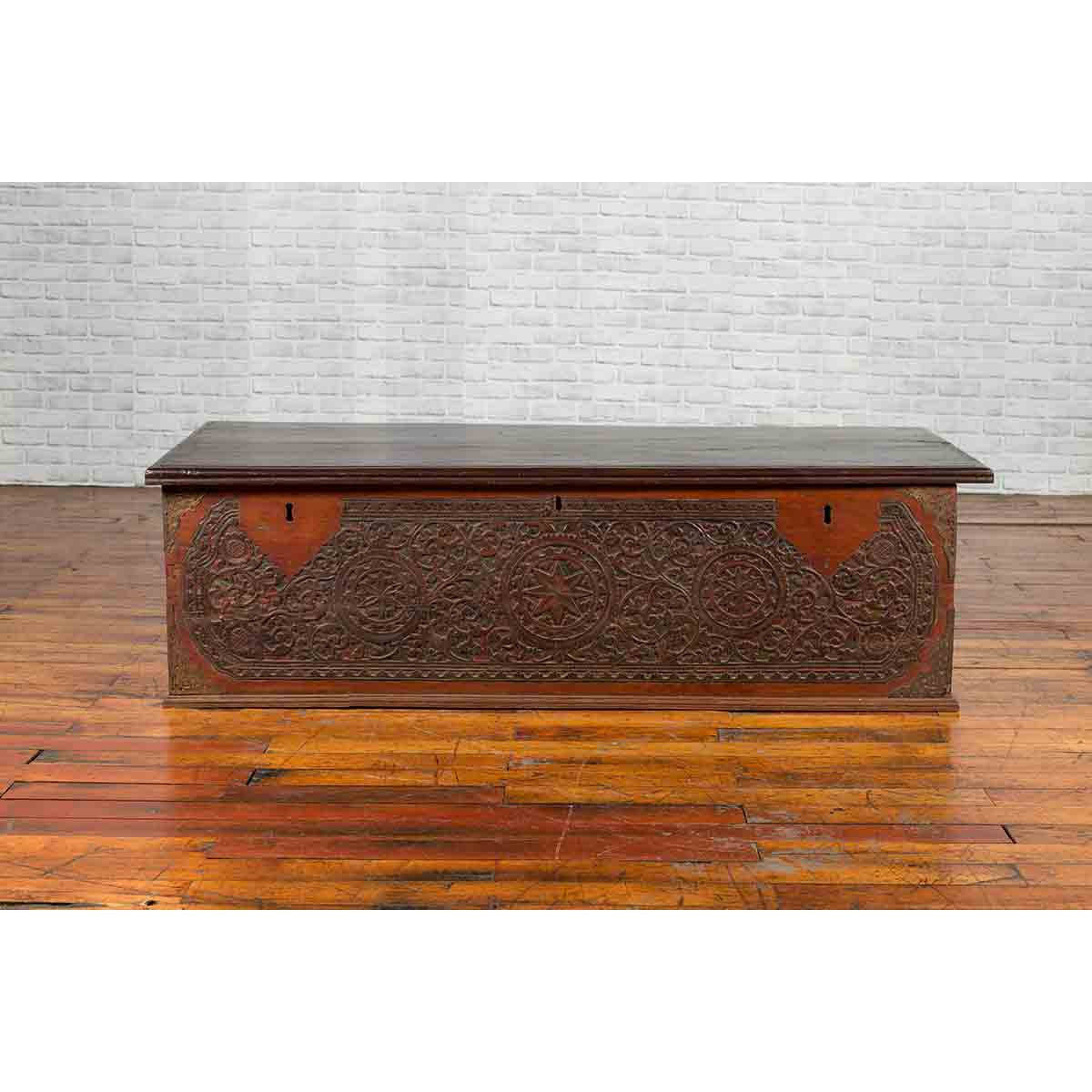 Late 19th Century Coffer from Sumatra with Carved Motifs and Iron Hardware-5. Asian & Chinese Furniture, Art, Antiques, Vintage Home Décor for sale at FEA Home