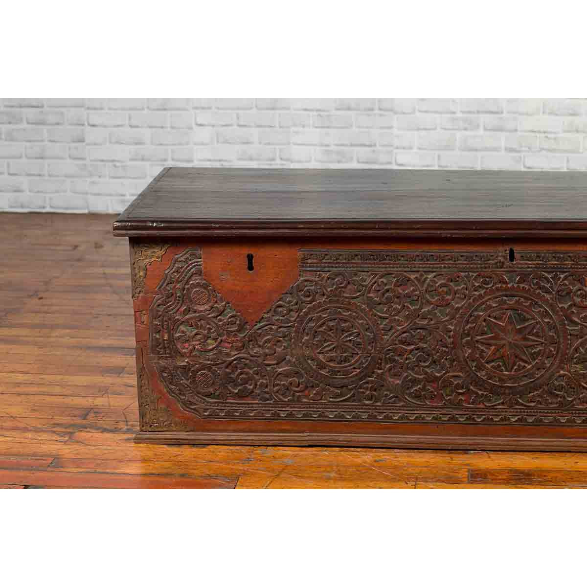 Late 19th Century Coffer from Sumatra with Carved Motifs and Iron Hardware-6. Asian & Chinese Furniture, Art, Antiques, Vintage Home Décor for sale at FEA Home