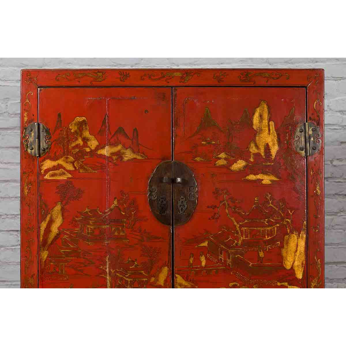 Chinese Qing Dynasty 19th Century Red Lacquer Cabinet with Gold Chinoiseries-5. Asian & Chinese Furniture, Art, Antiques, Vintage Home Décor for sale at FEA Home