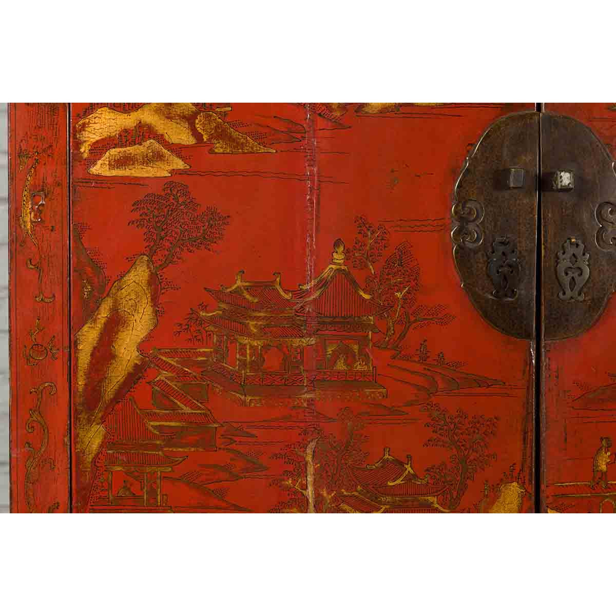Chinese Qing Dynasty 19th Century Red Lacquer Cabinet with Gold Chinoiseries-8. Asian & Chinese Furniture, Art, Antiques, Vintage Home Décor for sale at FEA Home