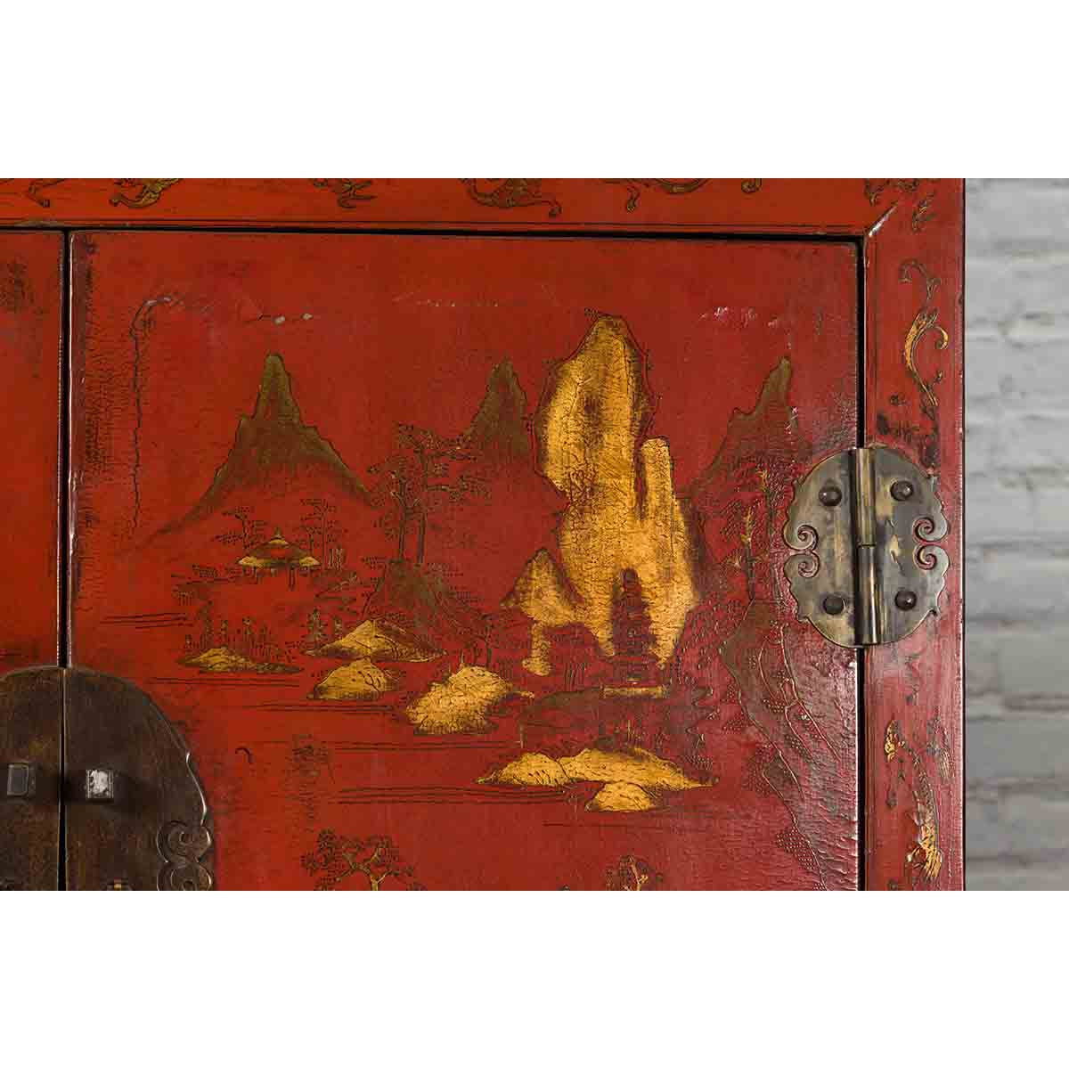 Chinese Qing Dynasty 19th Century Red Lacquer Cabinet with Gold Chinoiseries-10. Asian & Chinese Furniture, Art, Antiques, Vintage Home Décor for sale at FEA Home