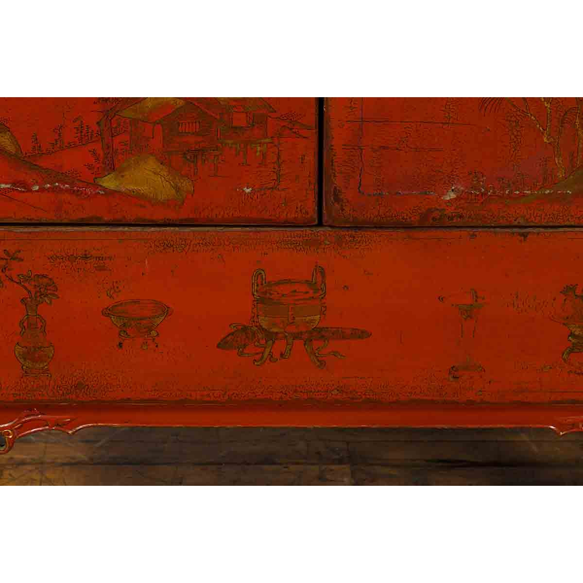 Chinese Qing Dynasty 19th Century Red Lacquer Cabinet with Gold Chinoiseries-12. Asian & Chinese Furniture, Art, Antiques, Vintage Home Décor for sale at FEA Home