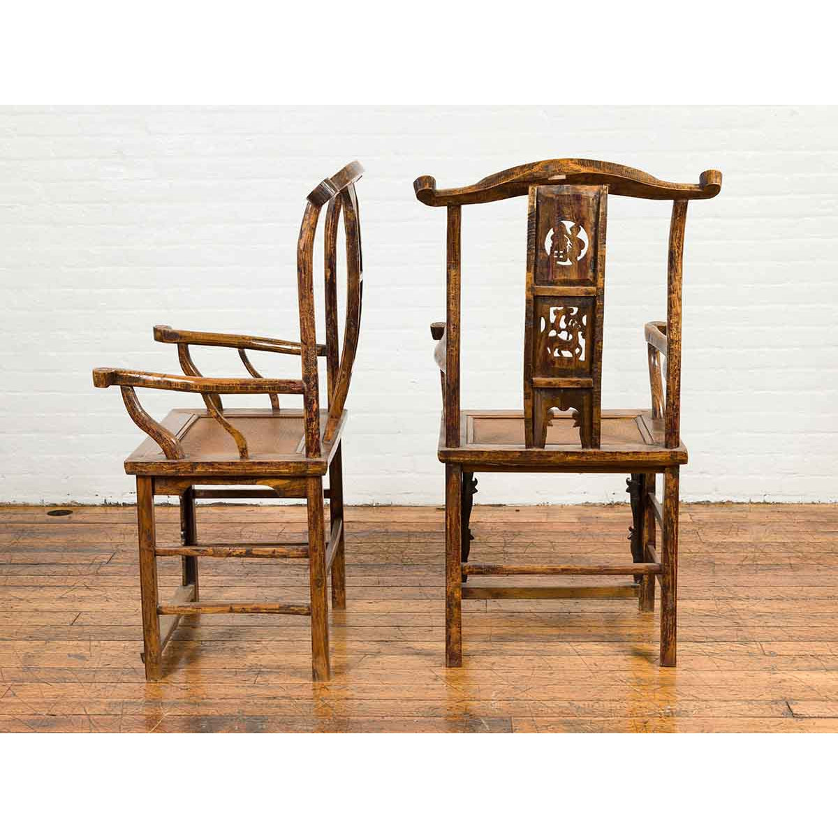 Pair of Chinese Qing Dynasty 19th Century Yoke Back Armchairs with Rattan Seats-7. Asian & Chinese Furniture, Art, Antiques, Vintage Home Décor for sale at FEA Home