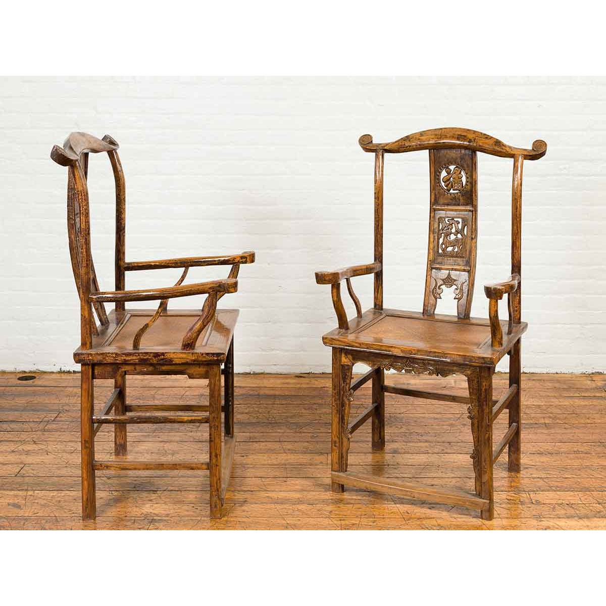 Pair of Chinese Qing Dynasty 19th Century Yoke Back Armchairs with Rattan Seats-4. Asian & Chinese Furniture, Art, Antiques, Vintage Home Décor for sale at FEA Home