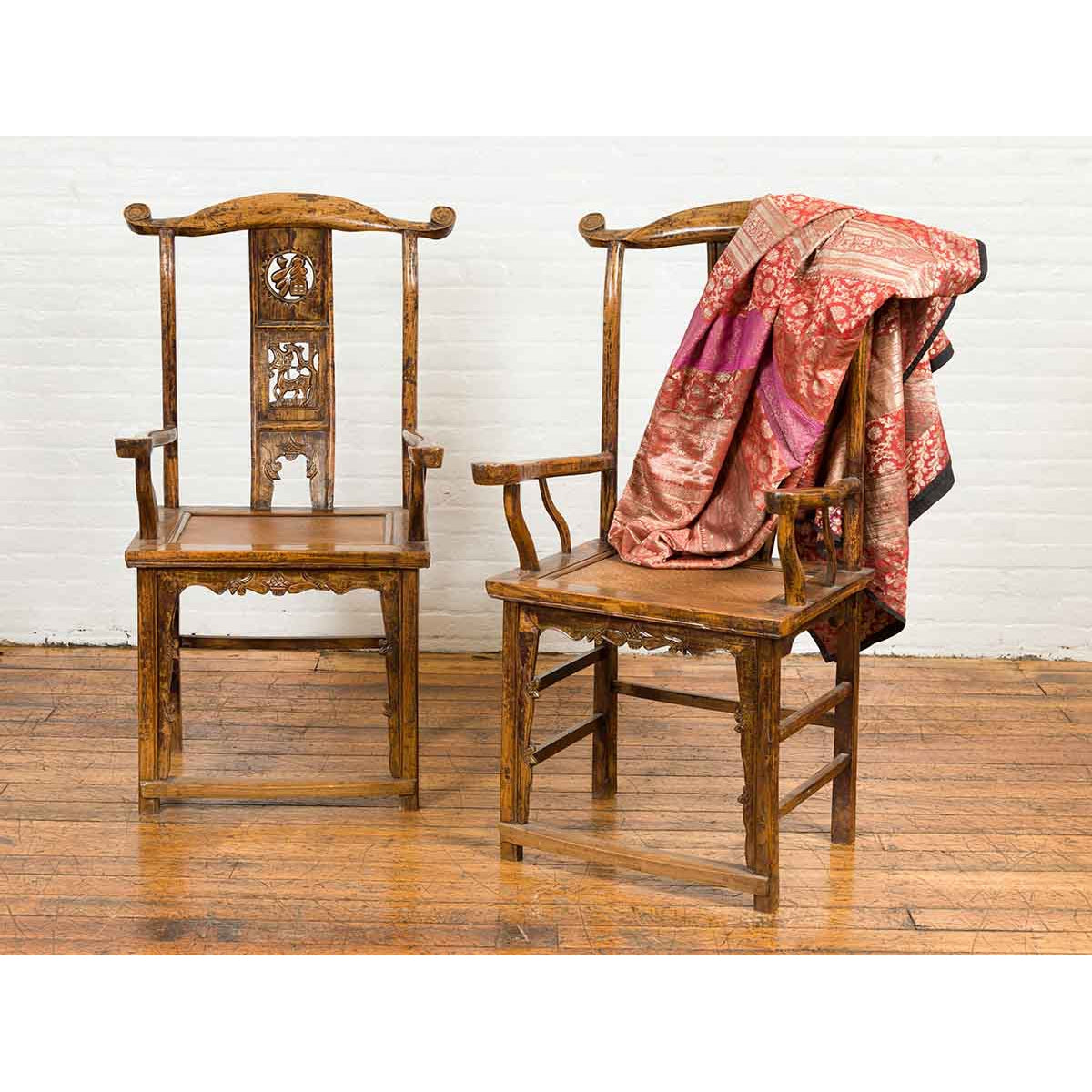 Pair of Chinese Qing Dynasty 19th Century Yoke Back Armchairs with Rattan Seats-3. Asian & Chinese Furniture, Art, Antiques, Vintage Home Décor for sale at FEA Home