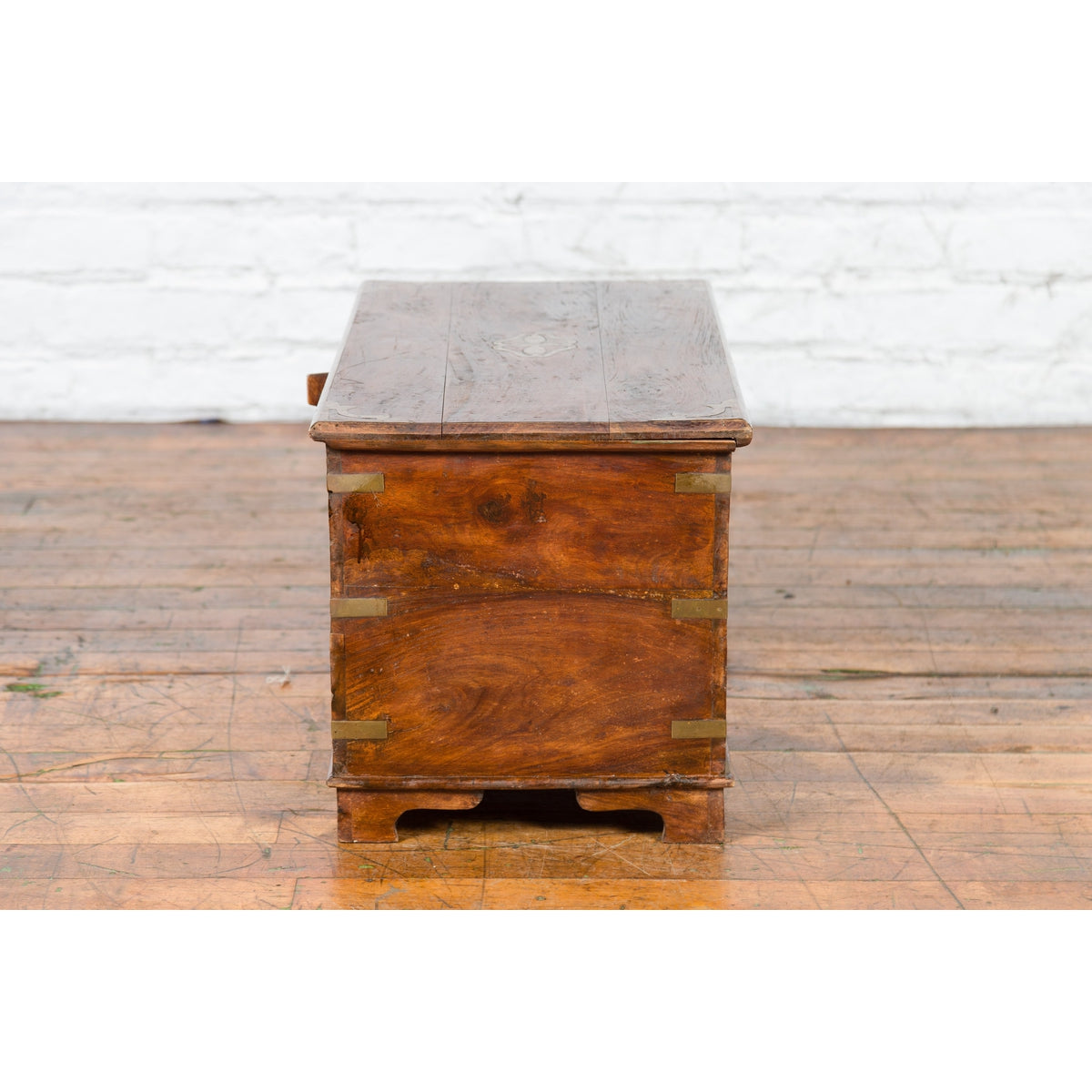 Indian 19th Century Wooden Trunk with Brass Inlay and Bracket Feet-14. Asian & Chinese Furniture, Art, Antiques, Vintage Home Décor for sale at FEA Home