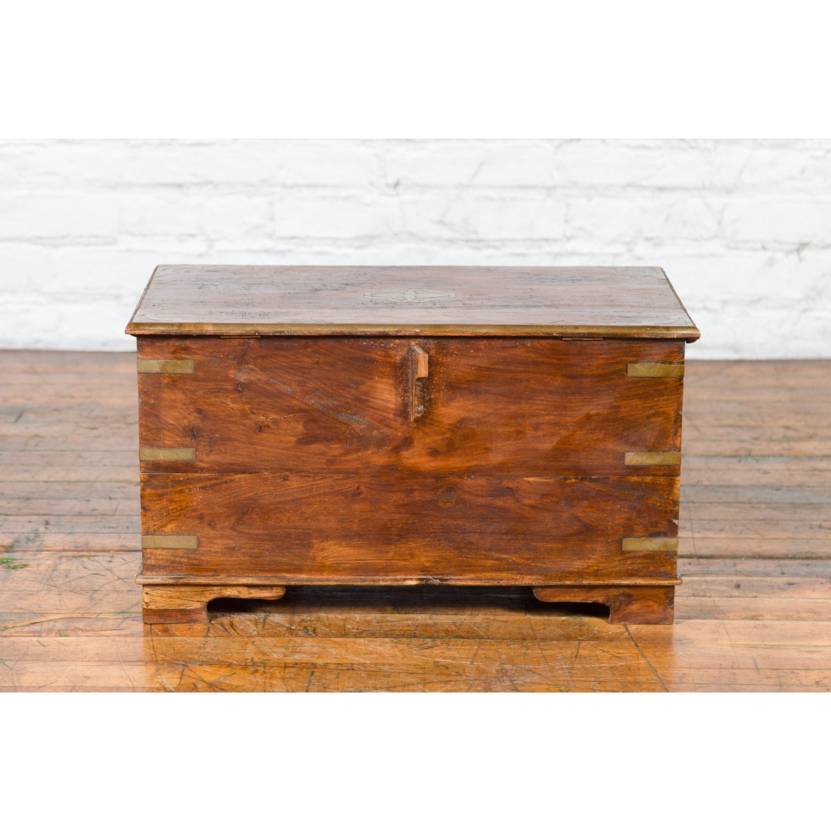 Indian 19th Century Wooden Trunk with Brass Inlay and Bracket Feet-15. Asian & Chinese Furniture, Art, Antiques, Vintage Home Décor for sale at FEA Home