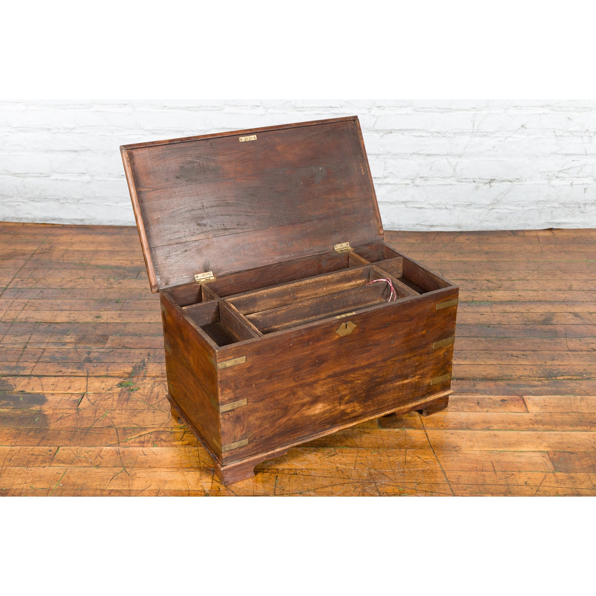 Indian 19th Century Wooden Trunk with Brass Inlay and Bracket Feet-5. Asian & Chinese Furniture, Art, Antiques, Vintage Home Décor for sale at FEA Home