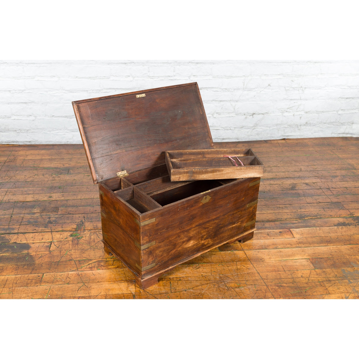 Indian 19th Century Wooden Trunk with Brass Inlay and Bracket Feet-6. Asian & Chinese Furniture, Art, Antiques, Vintage Home Décor for sale at FEA Home