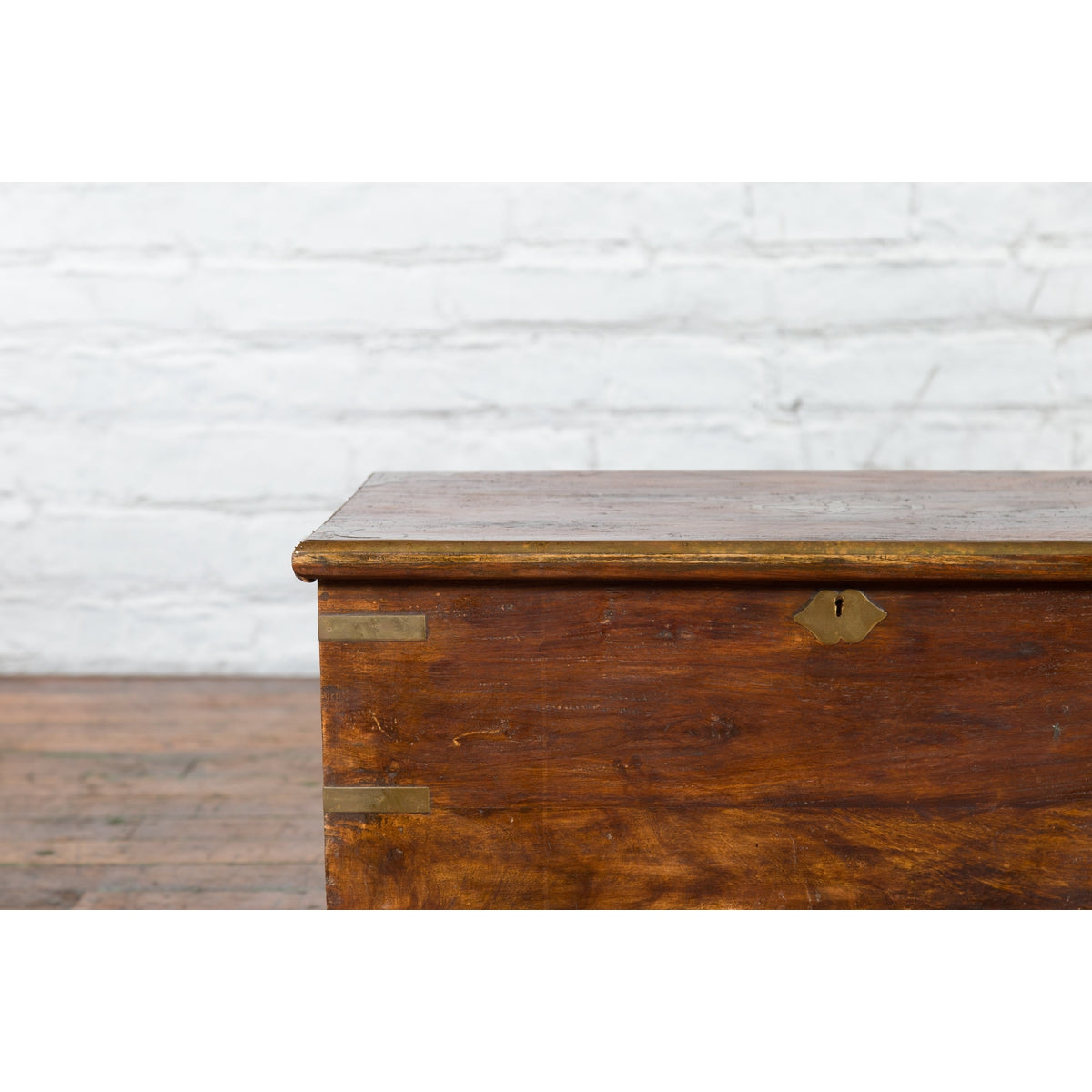 Indian 19th Century Wooden Trunk with Brass Inlay and Bracket Feet-7. Asian & Chinese Furniture, Art, Antiques, Vintage Home Décor for sale at FEA Home