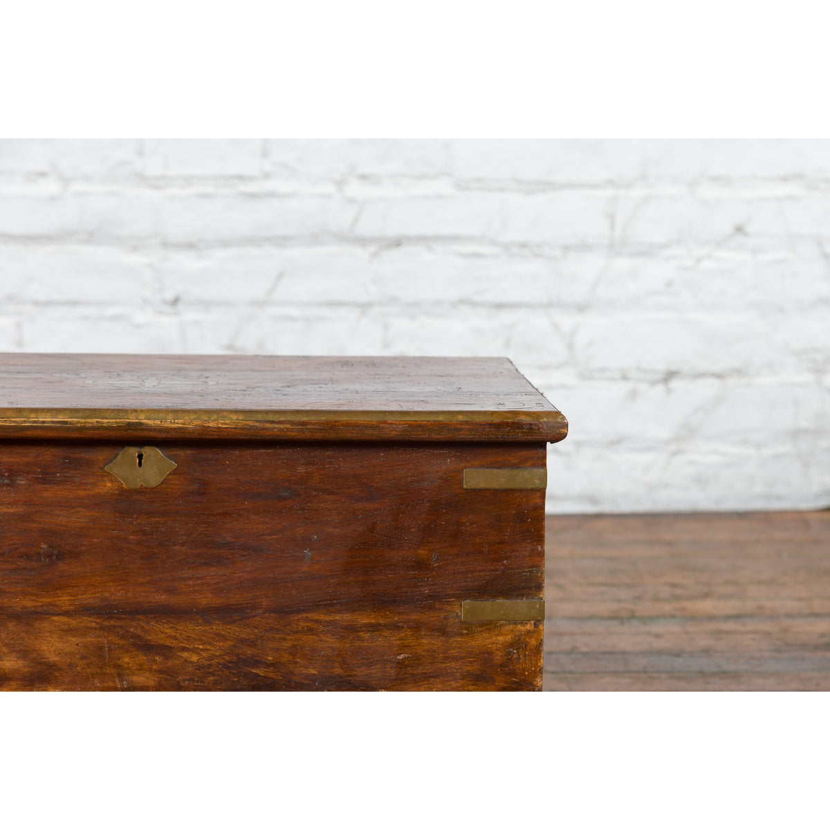 Indian 19th Century Wooden Trunk with Brass Inlay and Bracket Feet-8. Asian & Chinese Furniture, Art, Antiques, Vintage Home Décor for sale at FEA Home