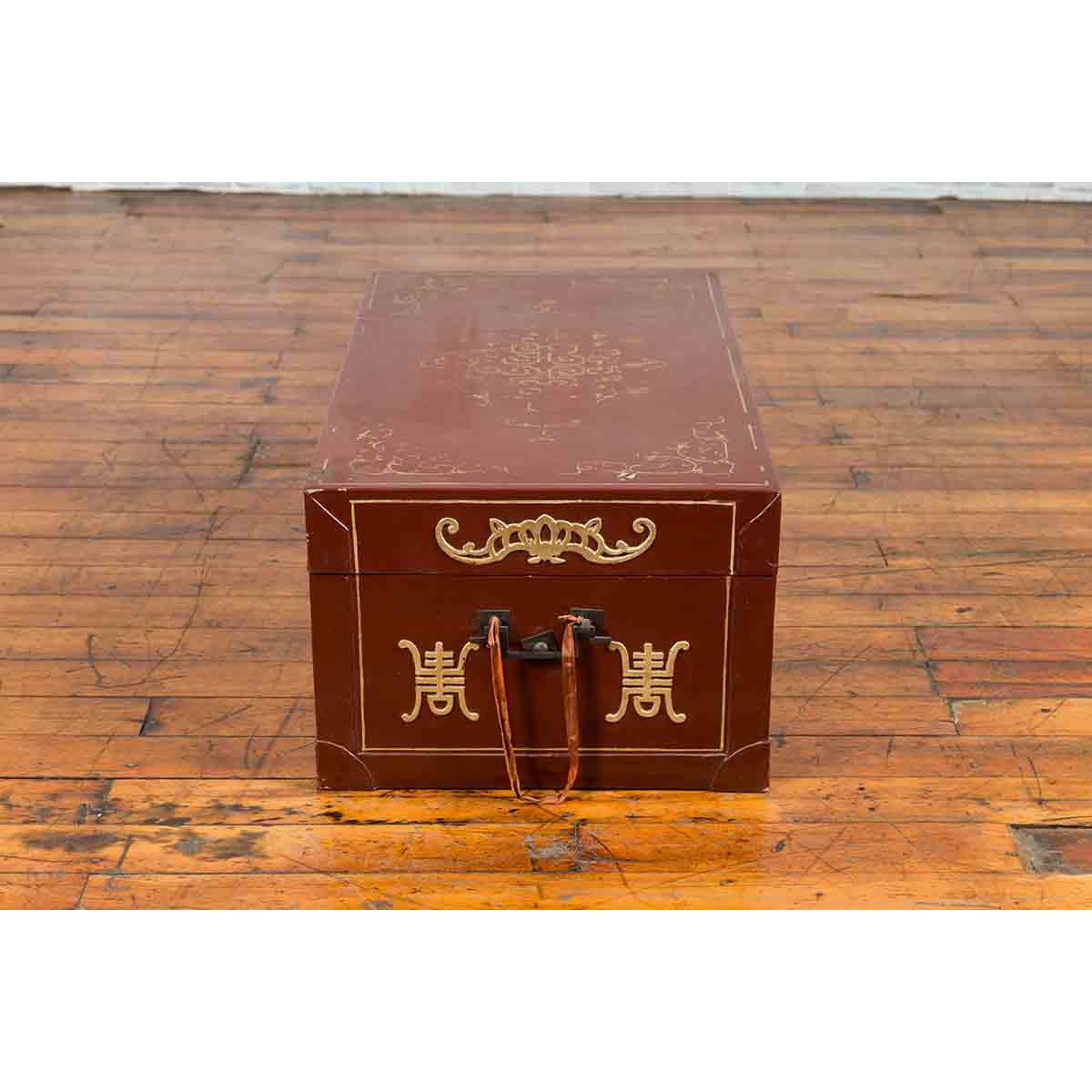 Vintage Chinese Red Blanket Chest with Gold Details and Calligraphy Motifs-10. Asian & Chinese Furniture, Art, Antiques, Vintage Home Décor for sale at FEA Home