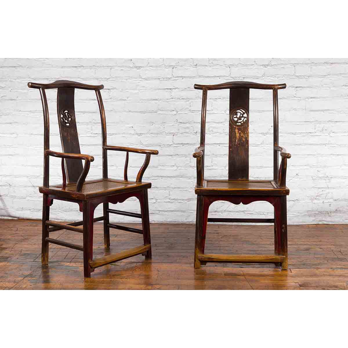 Pair of Chinese Qing Dynasty 19th Century Yoke Back Armchairs with Rattan Seats-2. Asian & Chinese Furniture, Art, Antiques, Vintage Home Décor for sale at FEA Home