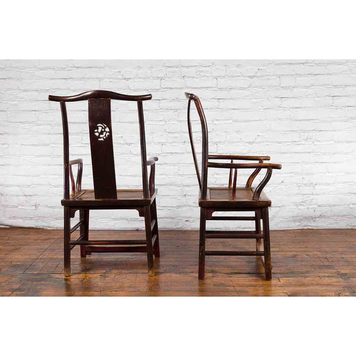 Pair of Chinese Qing Dynasty 19th Century Yoke Back Armchairs with Rattan Seats-7. Asian & Chinese Furniture, Art, Antiques, Vintage Home Décor for sale at FEA Home