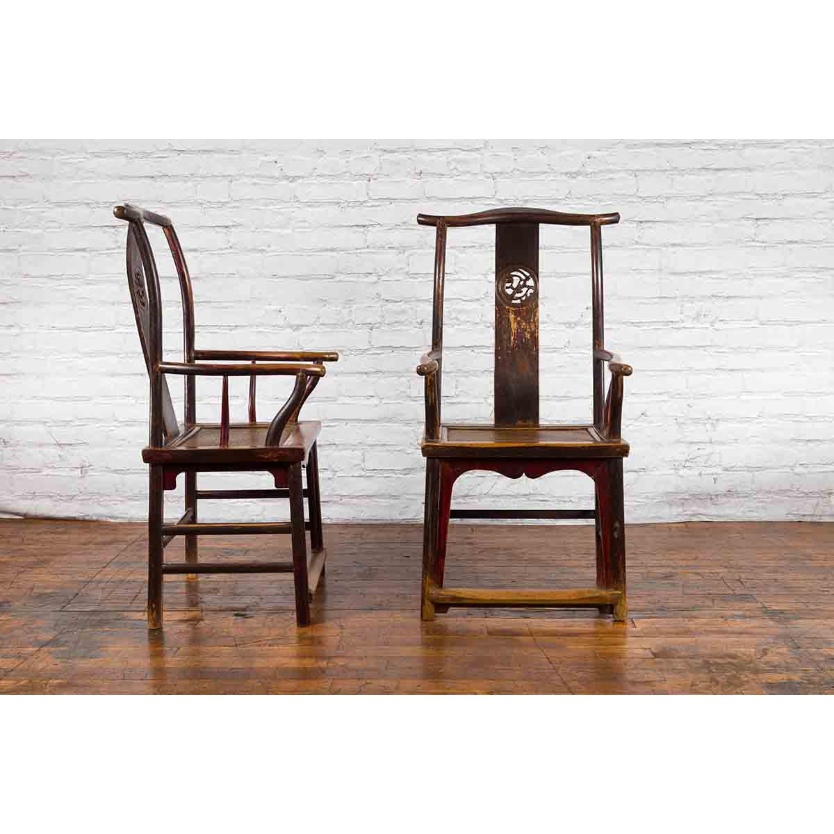 Pair of Chinese Qing Dynasty 19th Century Yoke Back Armchairs with Rattan Seats-5. Asian & Chinese Furniture, Art, Antiques, Vintage Home Décor for sale at FEA Home