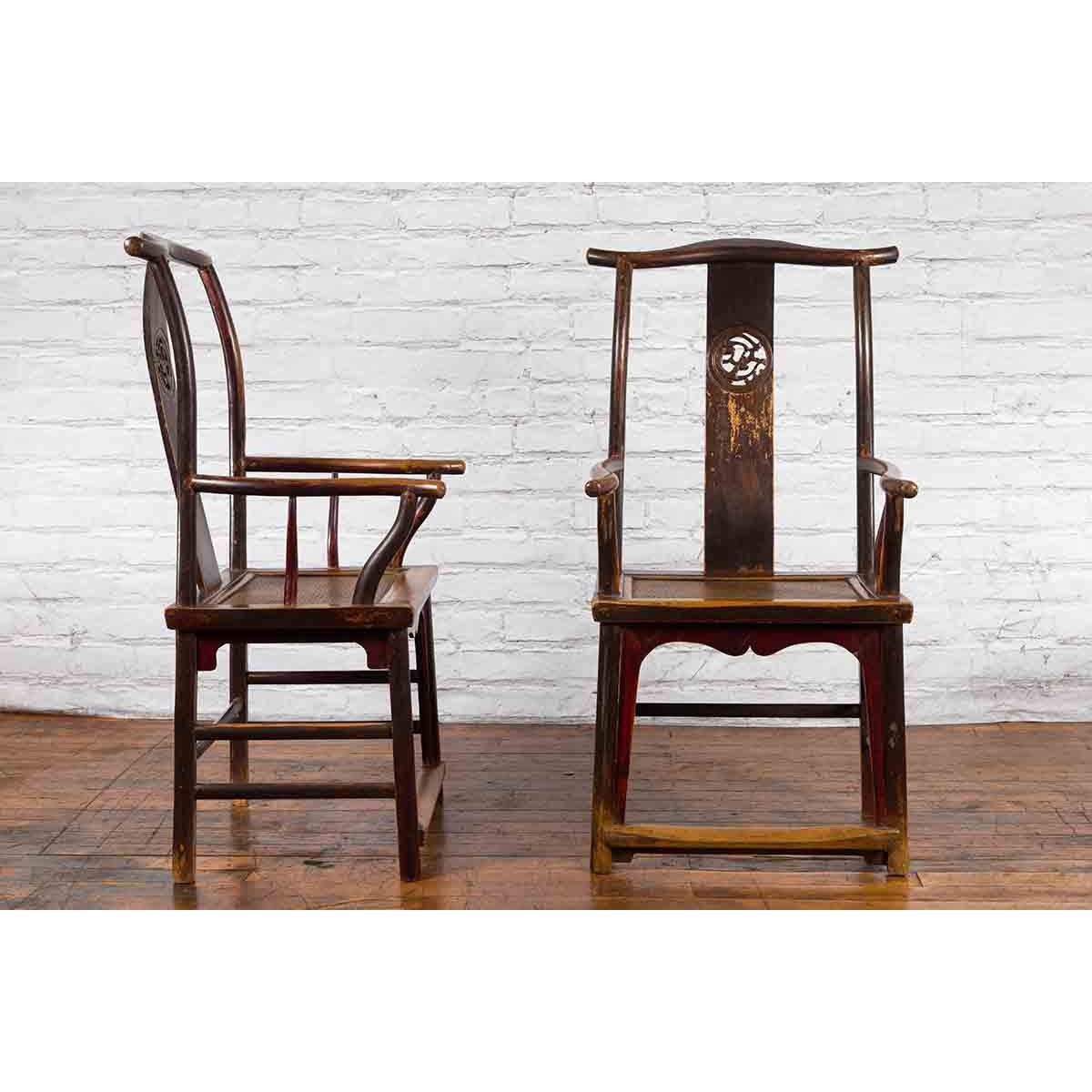 Pair of Chinese Qing Dynasty 19th Century Yoke Back Armchairs with Rattan Seats-6. Asian & Chinese Furniture, Art, Antiques, Vintage Home Décor for sale at FEA Home