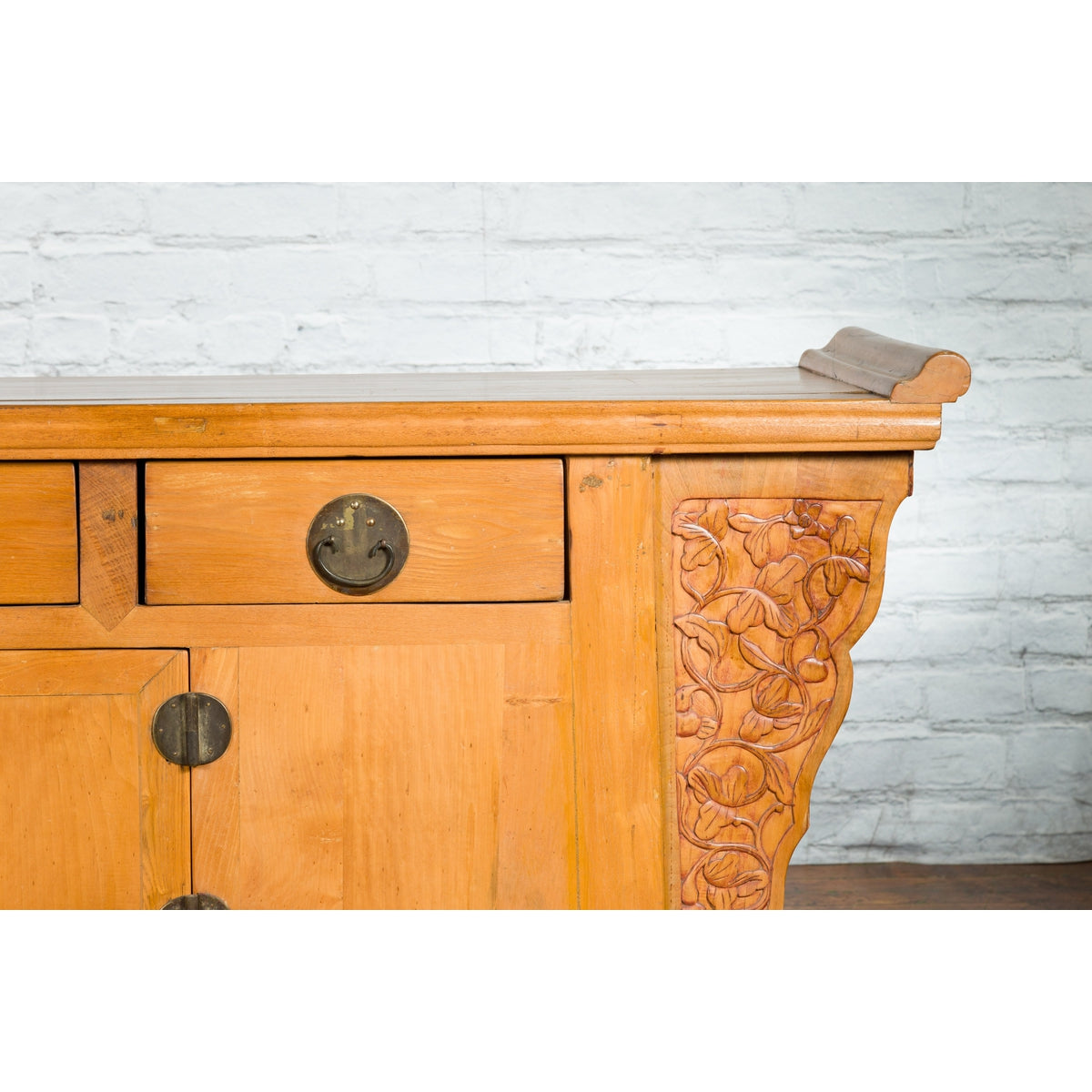 Qing Dynasty 19th Century Natural Wood Sideboard with Large Carved Spandrels-7. Asian & Chinese Furniture, Art, Antiques, Vintage Home Décor for sale at FEA Home