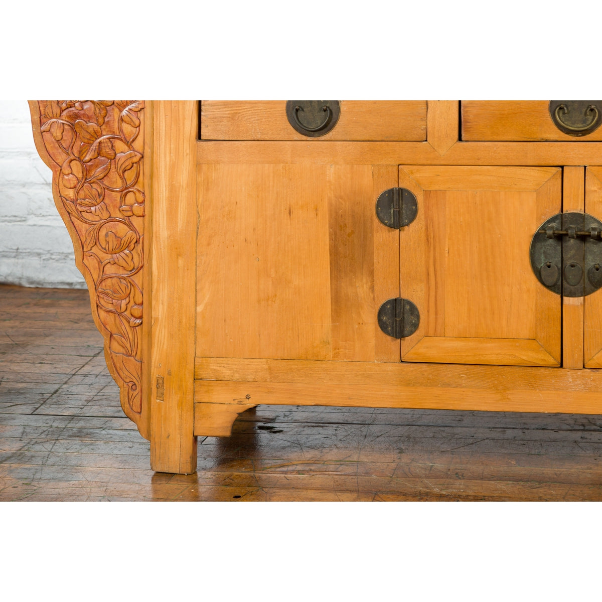 Qing Dynasty 19th Century Natural Wood Sideboard with Large Carved Spandrels-9. Asian & Chinese Furniture, Art, Antiques, Vintage Home Décor for sale at FEA Home