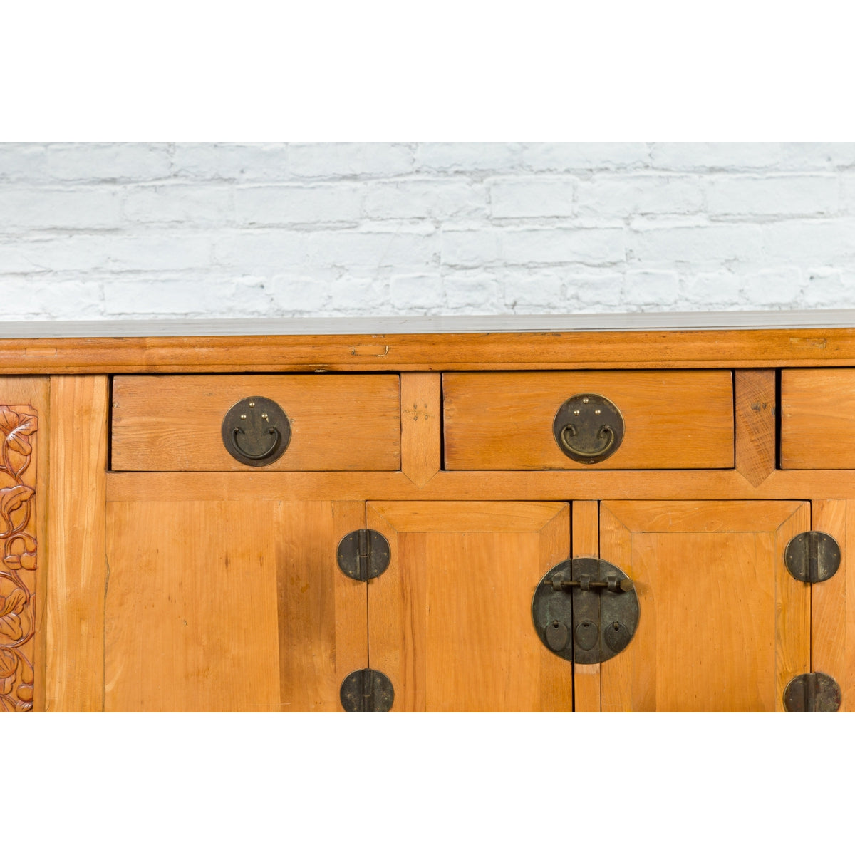 Qing Dynasty 19th Century Natural Wood Sideboard with Large Carved Spandrels-10. Asian & Chinese Furniture, Art, Antiques, Vintage Home Décor for sale at FEA Home