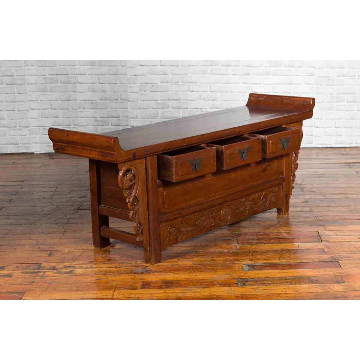 Chinese Elm Three-Drawer Kang Cabinet with Everted Flanges and Carved Spandrels-5. Asian & Chinese Furniture, Art, Antiques, Vintage Home Décor for sale at FEA Home