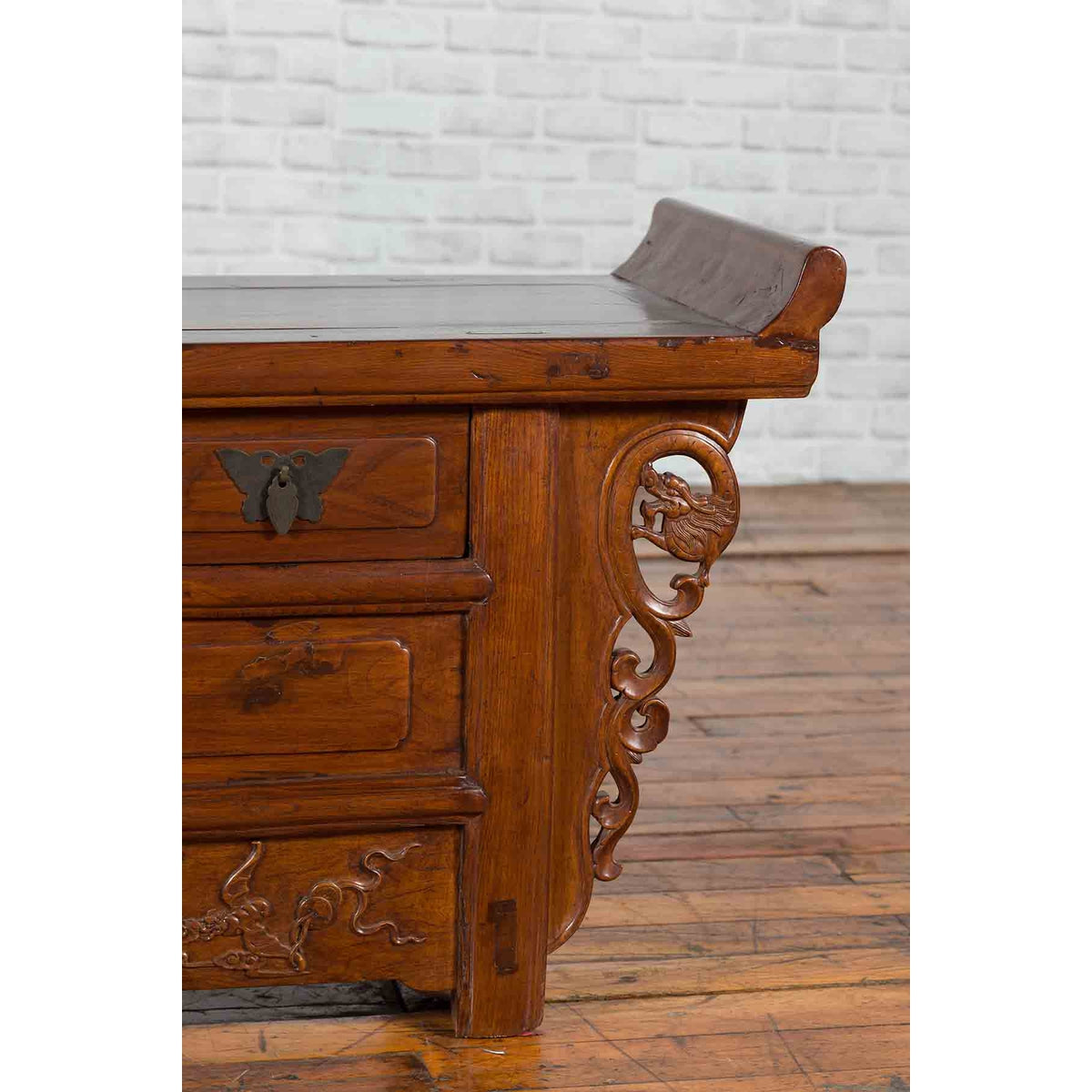 Chinese Elm Three-Drawer Kang Cabinet with Everted Flanges and Carved Spandrels-8. Asian & Chinese Furniture, Art, Antiques, Vintage Home Décor for sale at FEA Home