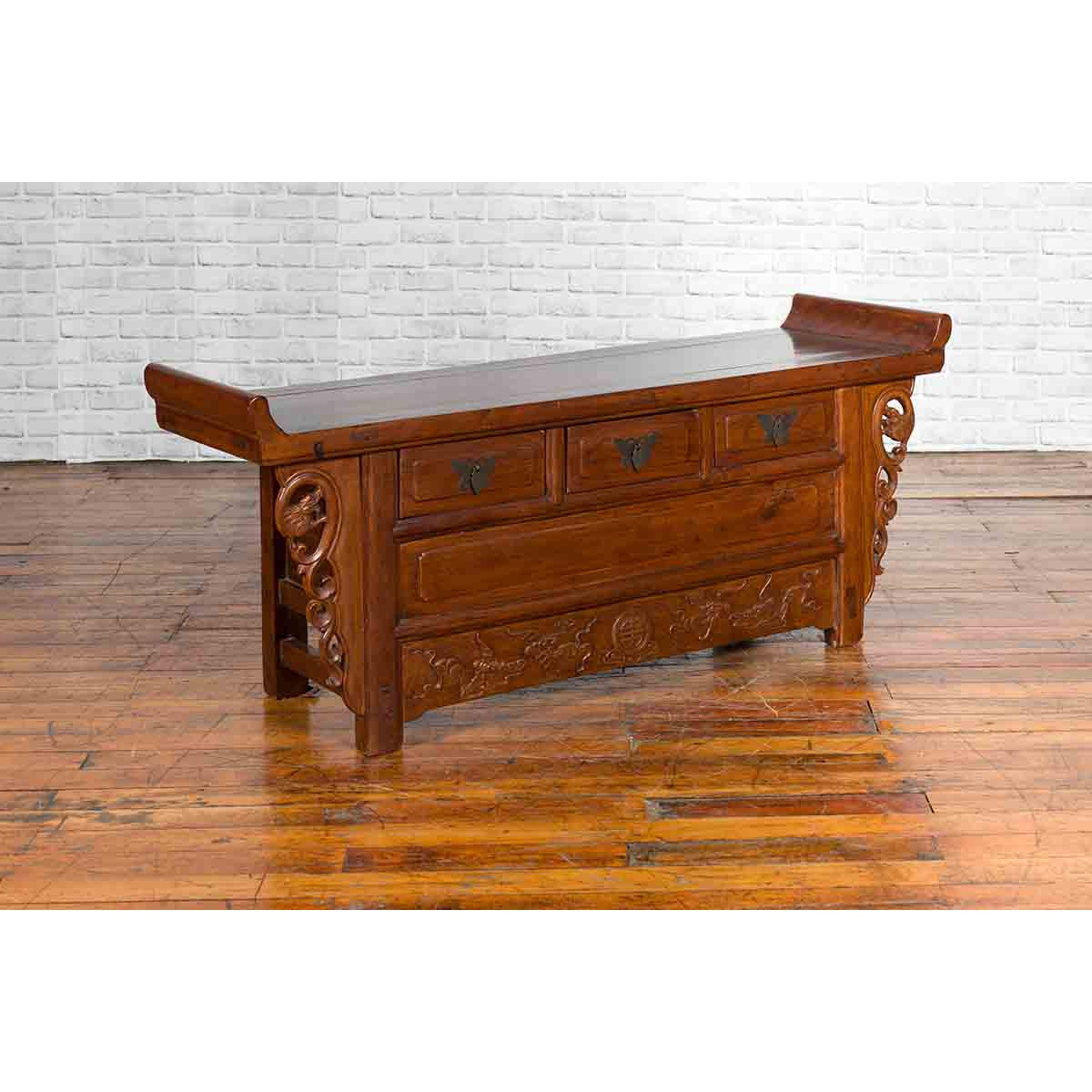 Chinese Elm Three-Drawer Kang Cabinet with Everted Flanges and Carved Spandrels-3. Asian & Chinese Furniture, Art, Antiques, Vintage Home Décor for sale at FEA Home