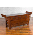Chinese Elm Three-Drawer Kang Cabinet with Everted Flanges and Carved Spandrels-3. Asian & Chinese Furniture, Art, Antiques, Vintage Home Décor for sale at FEA Home