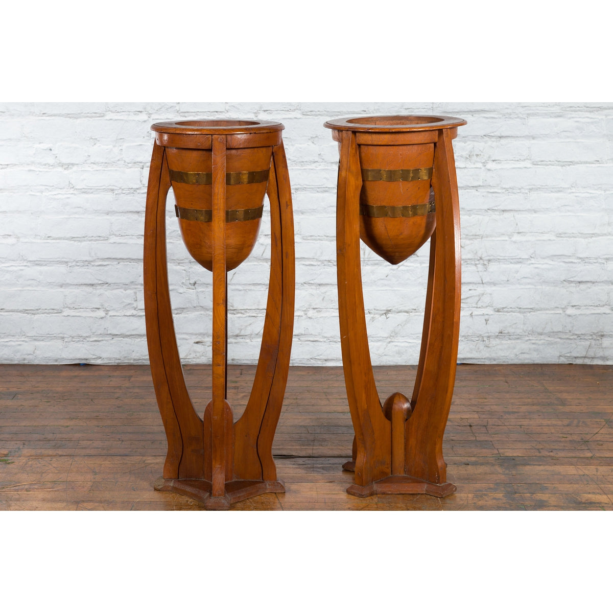 Large Pair of Javanese Art Deco Style Teak Wood Plant Stands with Brass Braces-13. Asian & Chinese Furniture, Art, Antiques, Vintage Home Décor for sale at FEA Home