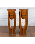 Large Pair of Javanese Art Deco Style Teak Wood Plant Stands with Brass Braces-15. Asian & Chinese Furniture, Art, Antiques, Vintage Home Décor for sale at FEA Home