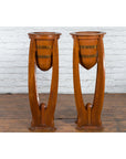 Large Pair of Javanese Art Deco Style Teak Wood Plant Stands with Brass Braces-2. Asian & Chinese Furniture, Art, Antiques, Vintage Home Décor for sale at FEA Home