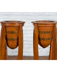 Large Pair of Javanese Art Deco Style Teak Wood Plant Stands with Brass Braces-4. Asian & Chinese Furniture, Art, Antiques, Vintage Home Décor for sale at FEA Home