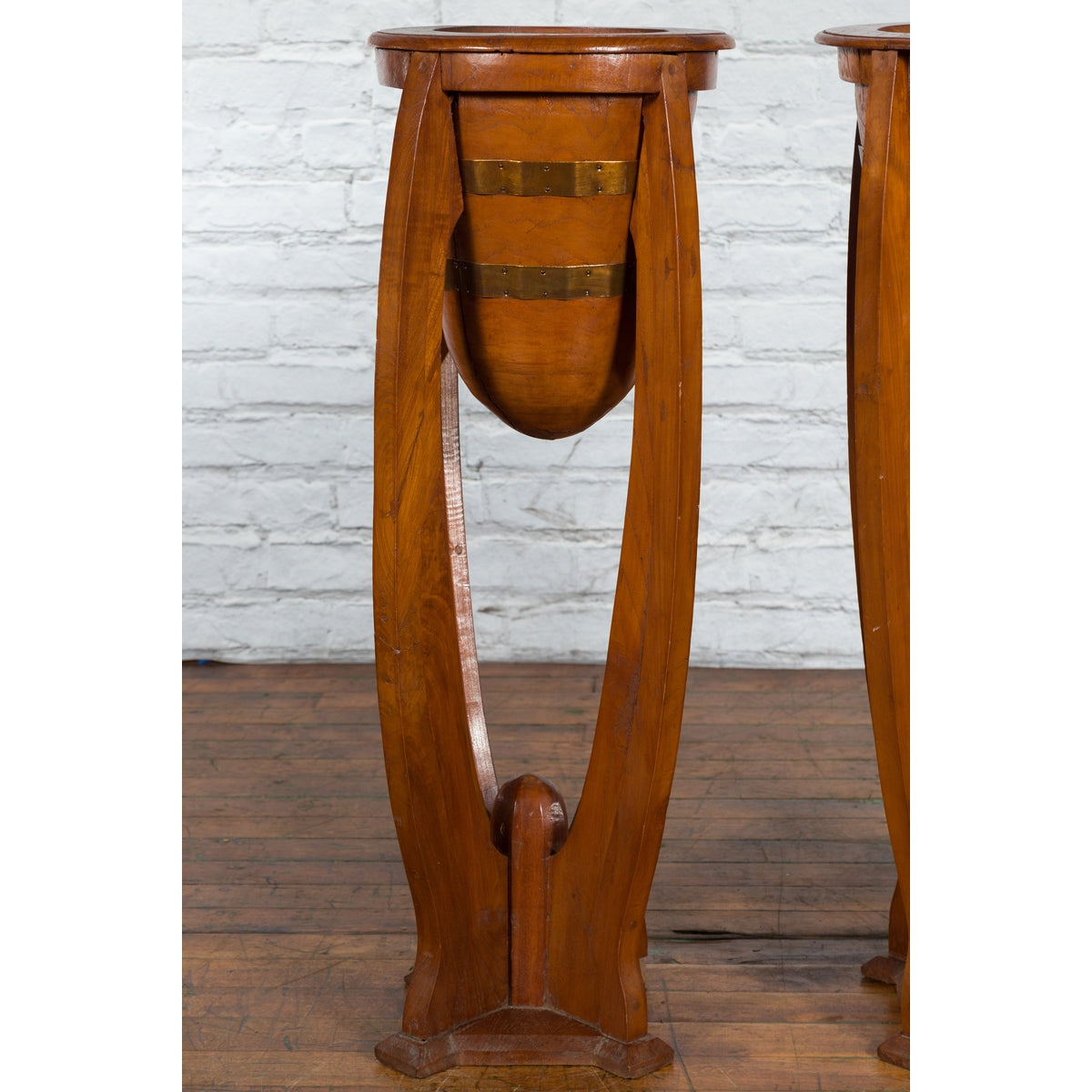 Large Pair of Javanese Art Deco Style Teak Wood Plant Stands with Brass Braces-6. Asian & Chinese Furniture, Art, Antiques, Vintage Home Décor for sale at FEA Home