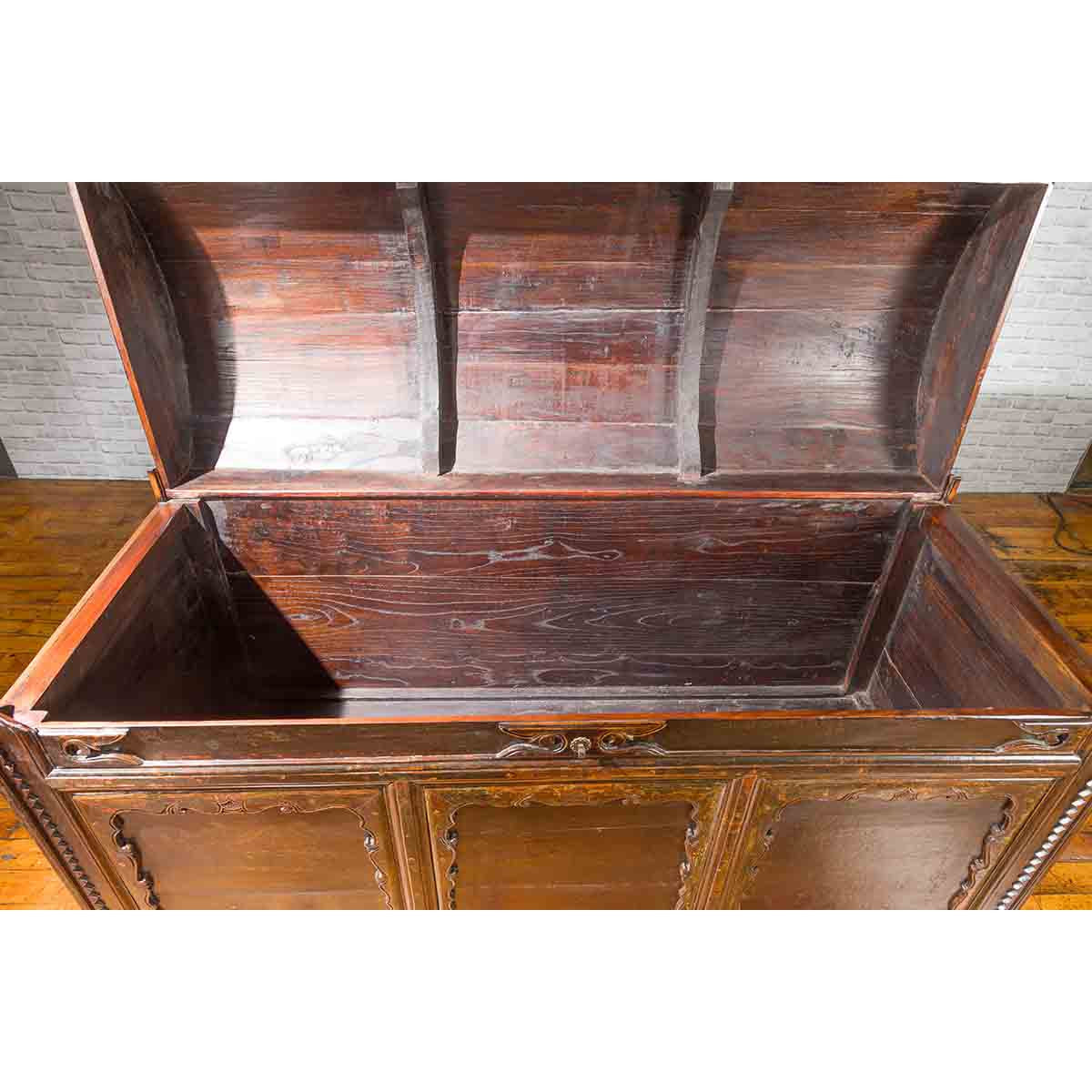 Chinese Antique Large Dowry Chest with Arching Lid, Carved Panels and Drawers-5. Asian & Chinese Furniture, Art, Antiques, Vintage Home Décor for sale at FEA Home