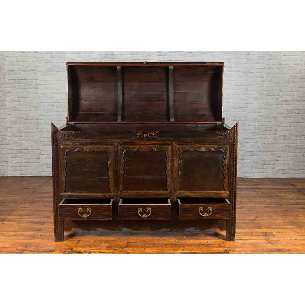 Chinese Antique Large Dowry Chest with Arching Lid, Carved Panels and Drawers-3. Asian & Chinese Furniture, Art, Antiques, Vintage Home Décor for sale at FEA Home
