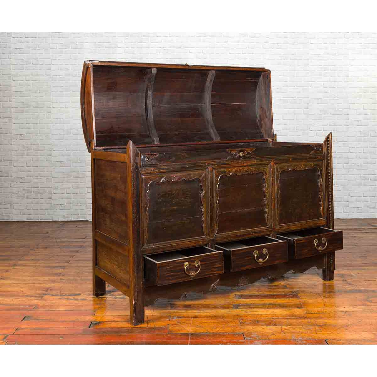 Chinese Antique Large Dowry Chest with Arching Lid, Carved Panels and Drawers-4. Asian & Chinese Furniture, Art, Antiques, Vintage Home Décor for sale at FEA Home