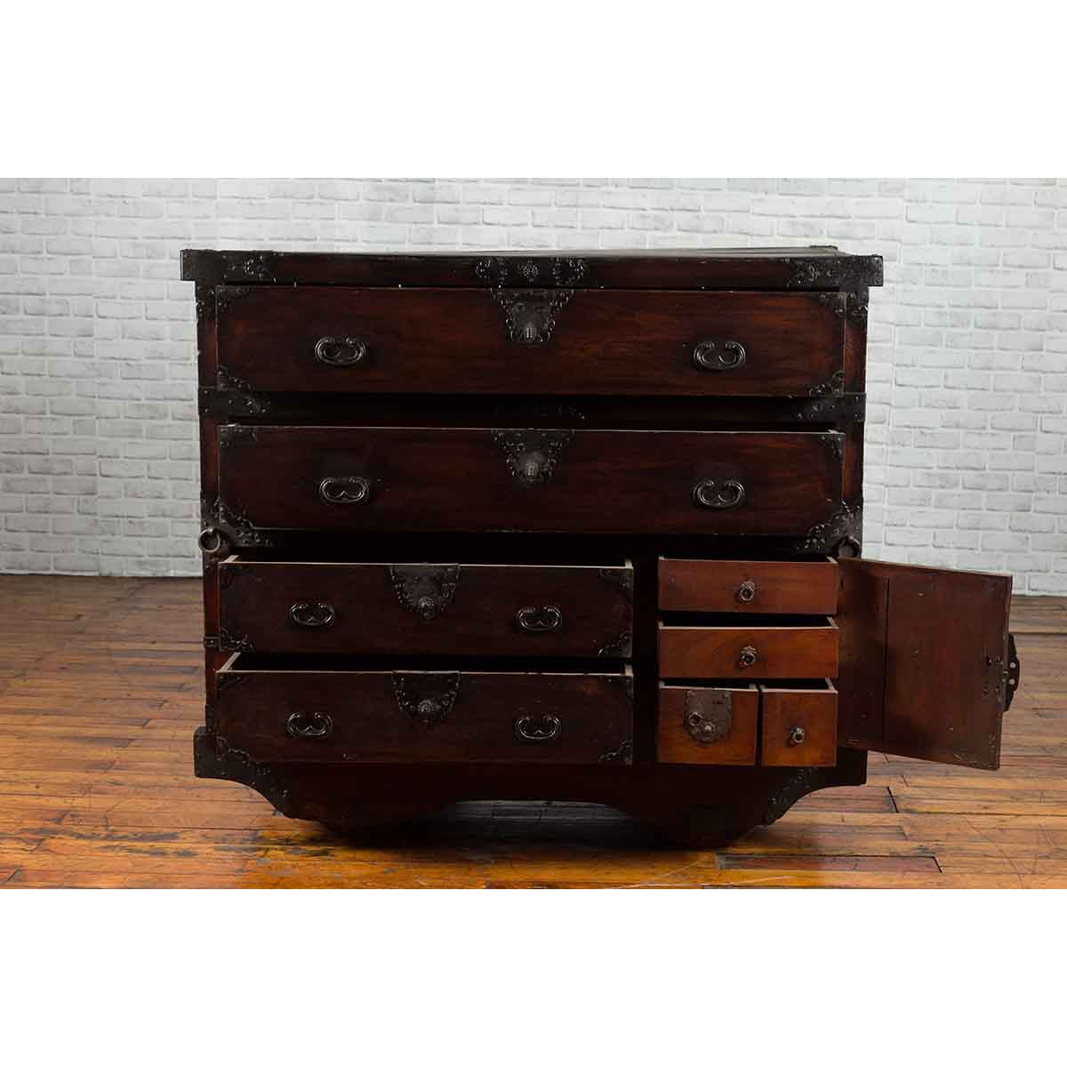 Japanese 19th Century Merchant's Chest with Drawers and Door, Mounted on Wheels-9. Asian & Chinese Furniture, Art, Antiques, Vintage Home Décor for sale at FEA Home