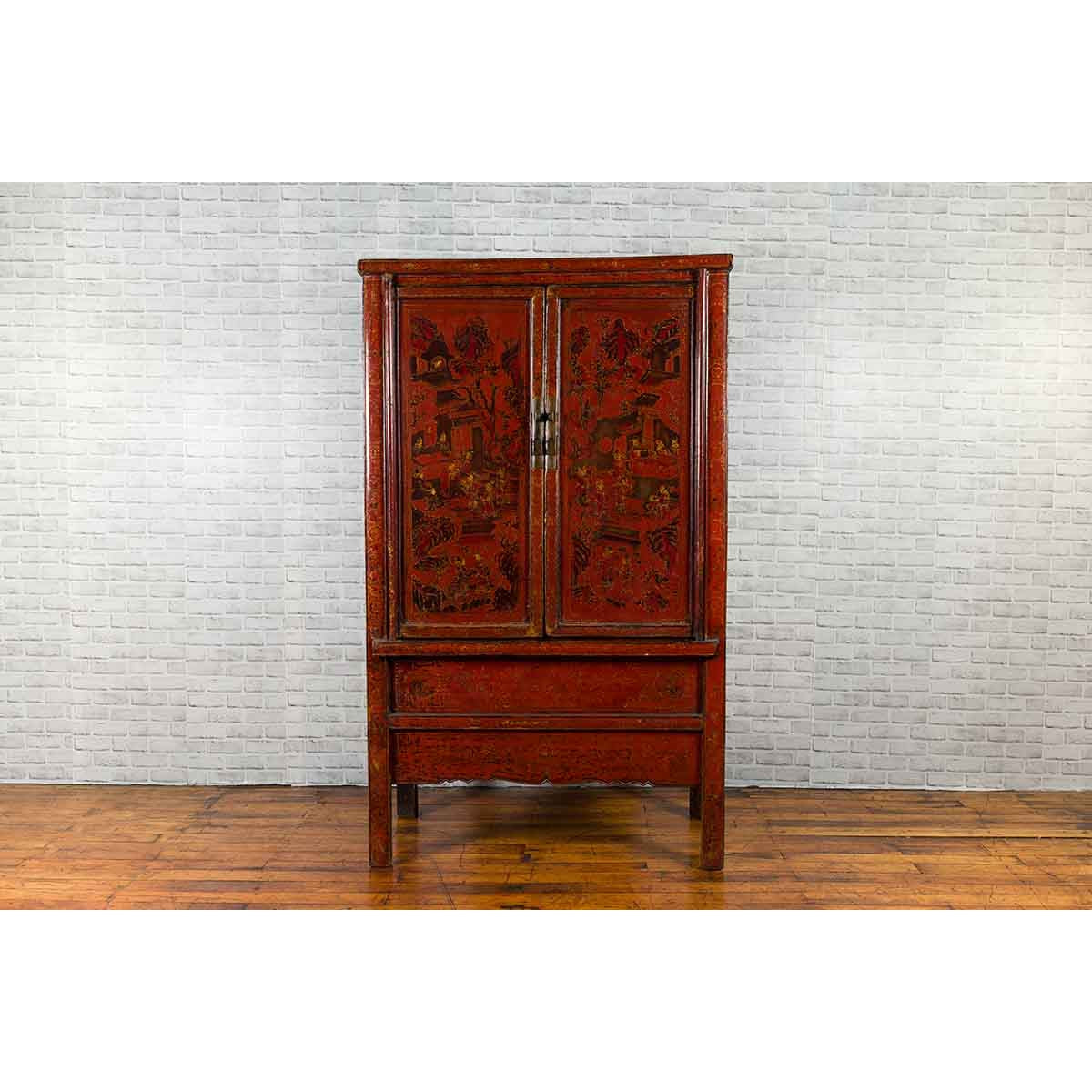 Chinese Qing Dynasty 19th Century Red Cabinet with Hand Painted Chinoiseries-3. Asian & Chinese Furniture, Art, Antiques, Vintage Home Décor for sale at FEA Home
