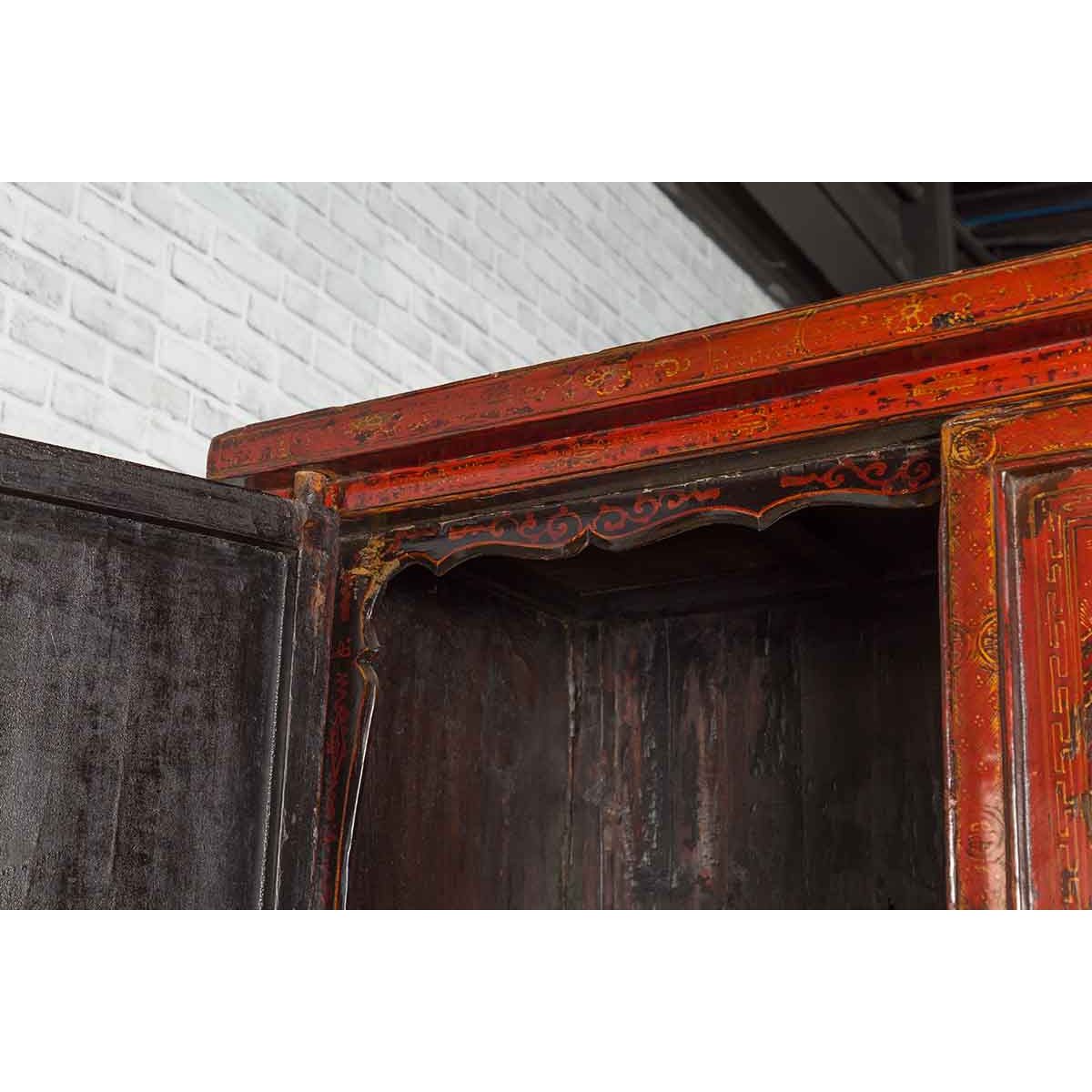 Chinese Qing Dynasty 19th Century Red Cabinet with Hand Painted Chinoiseries-20. Asian & Chinese Furniture, Art, Antiques, Vintage Home Décor for sale at FEA Home