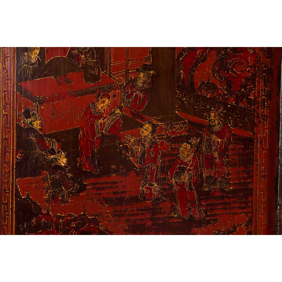 Chinese Qing Dynasty 19th Century Red Cabinet with Hand Painted Chinoiseries-6. Asian & Chinese Furniture, Art, Antiques, Vintage Home Décor for sale at FEA Home