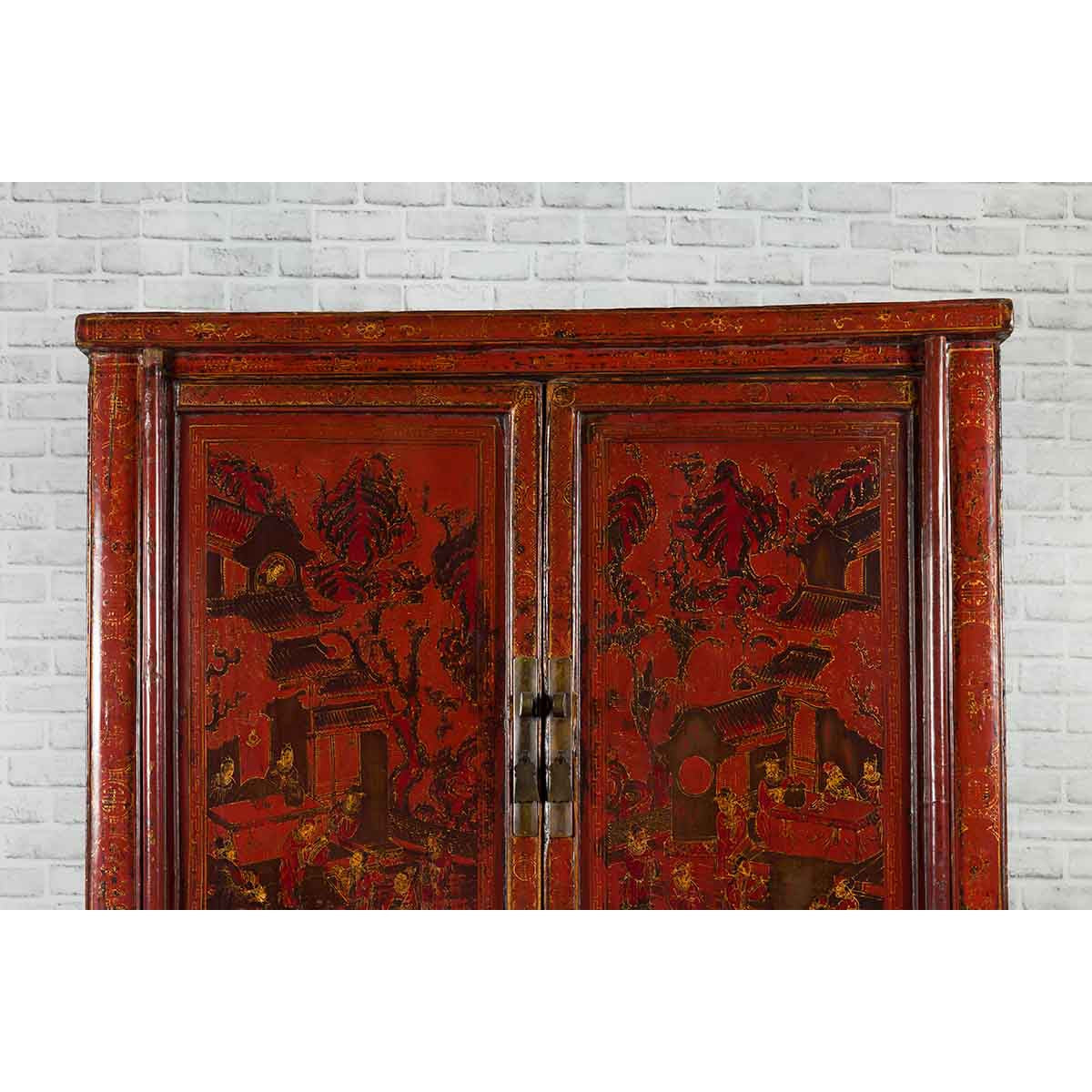 Chinese Qing Dynasty 19th Century Red Cabinet with Hand Painted Chinoiseries-8. Asian & Chinese Furniture, Art, Antiques, Vintage Home Décor for sale at FEA Home