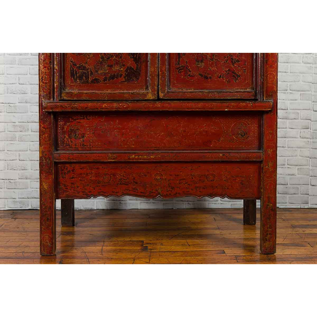 Chinese Qing Dynasty 19th Century Red Cabinet with Hand Painted Chinoiseries-9. Asian & Chinese Furniture, Art, Antiques, Vintage Home Décor for sale at FEA Home