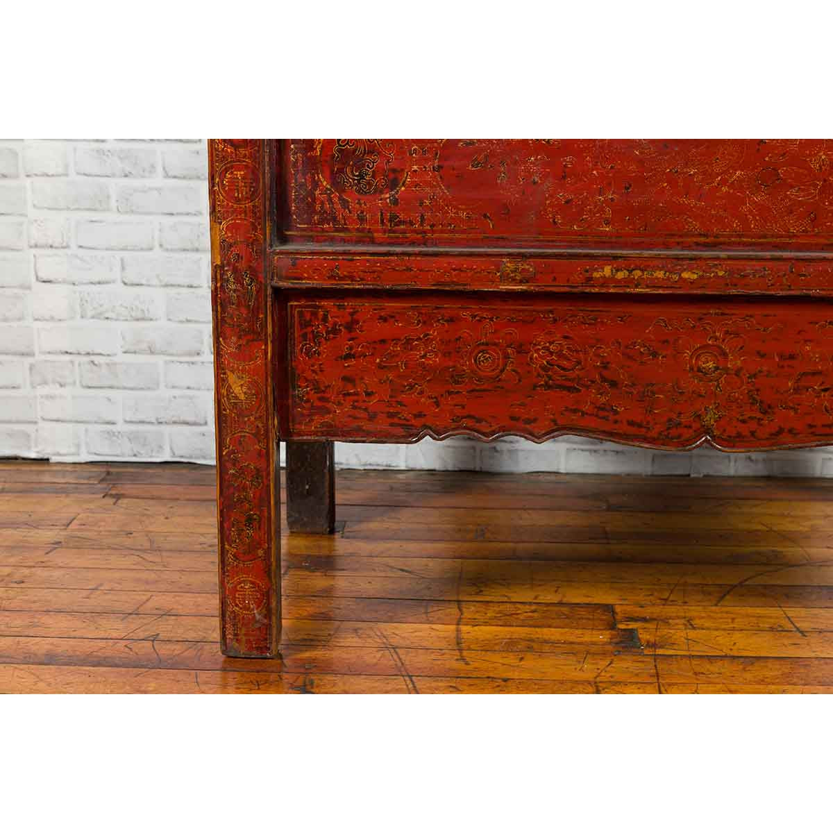 Chinese Qing Dynasty 19th Century Red Cabinet with Hand Painted Chinoiseries-10. Asian & Chinese Furniture, Art, Antiques, Vintage Home Décor for sale at FEA Home