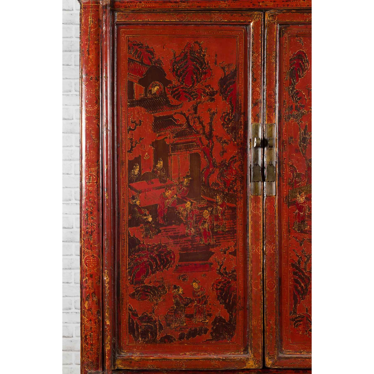 Chinese Qing Dynasty 19th Century Red Cabinet with Hand Painted Chinoiseries-12. Asian & Chinese Furniture, Art, Antiques, Vintage Home Décor for sale at FEA Home