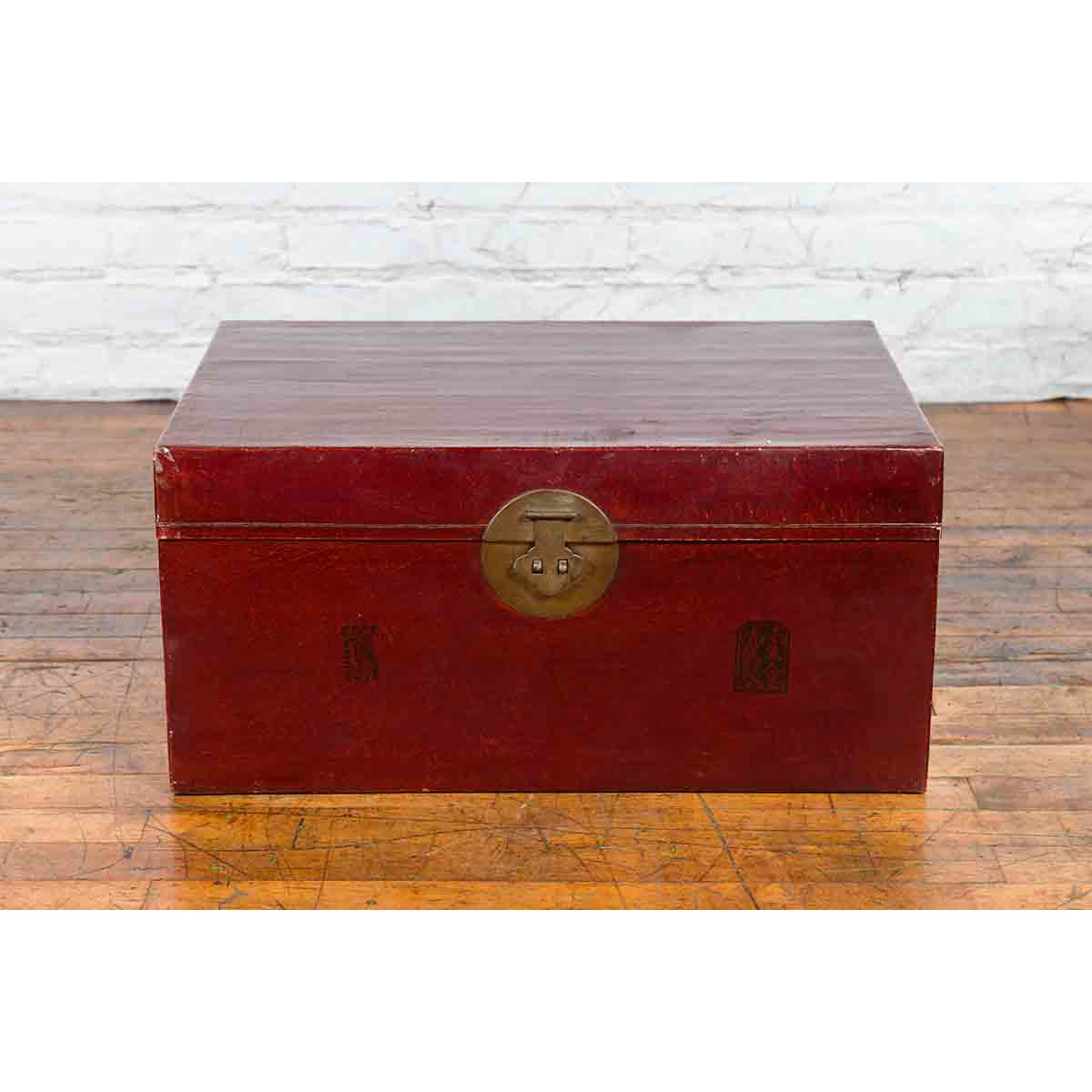 Chinese Early 20th Century Red Lacquered Leather Trunk with Calligraphy-6. Asian & Chinese Furniture, Art, Antiques, Vintage Home Décor for sale at FEA Home