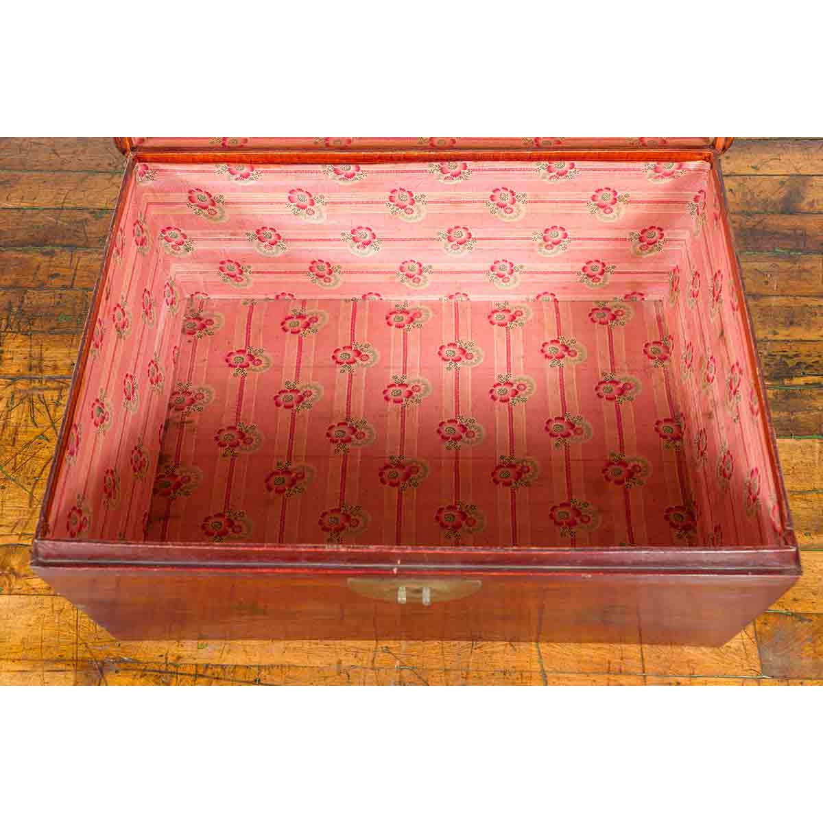 Chinese Early 20th Century Red Lacquered Leather Trunk with Calligraphy-9. Asian & Chinese Furniture, Art, Antiques, Vintage Home Décor for sale at FEA Home